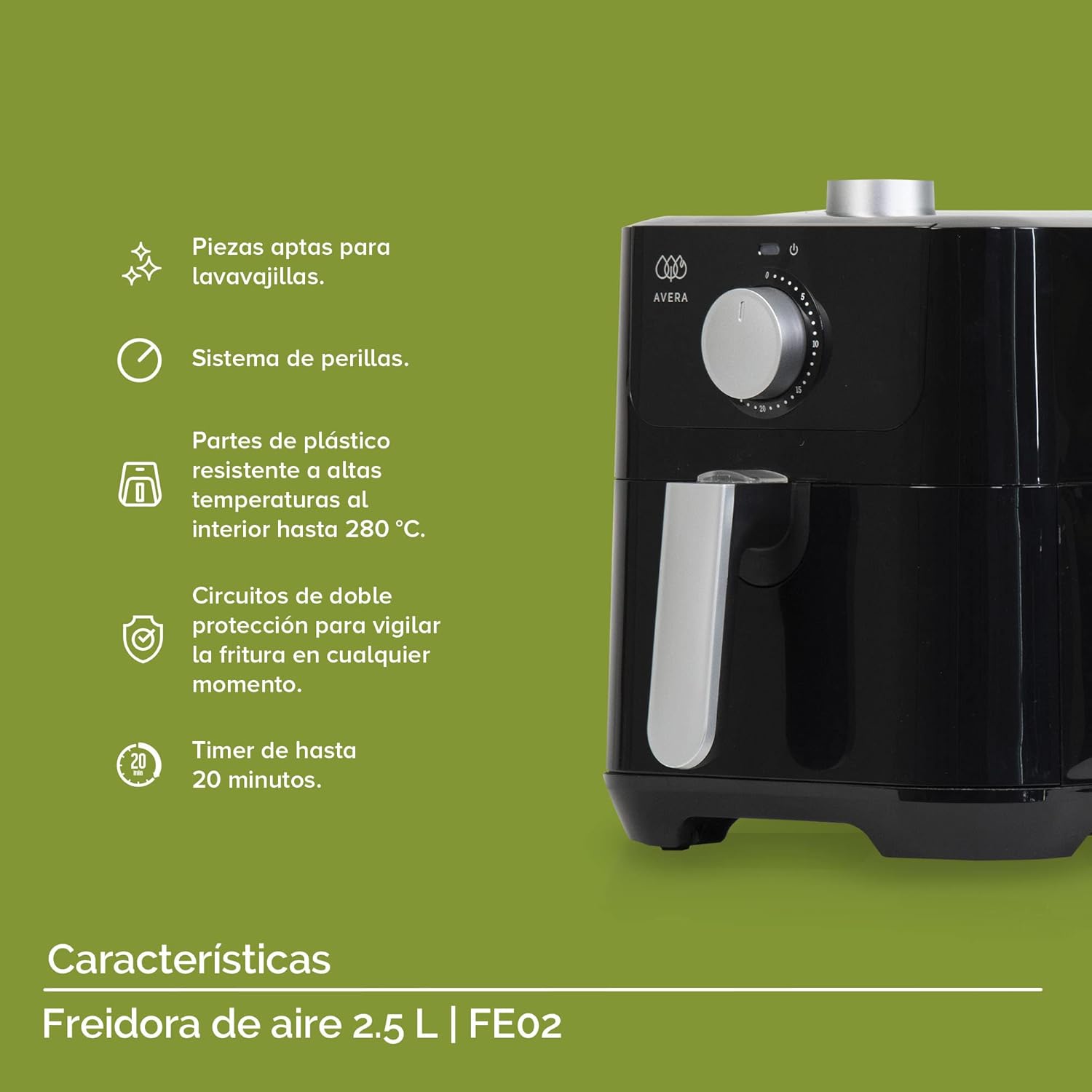 AVERA FE02 Air Fryer highlighting features like dishwasher-safe parts and easy-to-clean knob system.