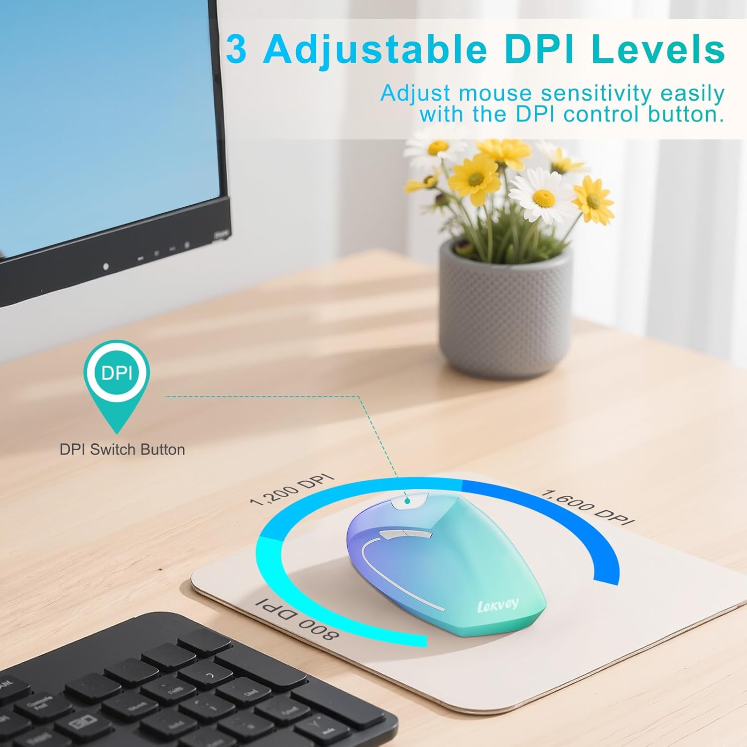 Lekvey Ergonomic Mouse, USB C Wireless Vertical Mouse, Dual Mode Rechargeable USB-A & Type-C Ergo Mouse, 1600 DPI, Relieves Wrist Pain and Carpal Tunnel, for Laptop Computer Mac MacBook, Purple Green