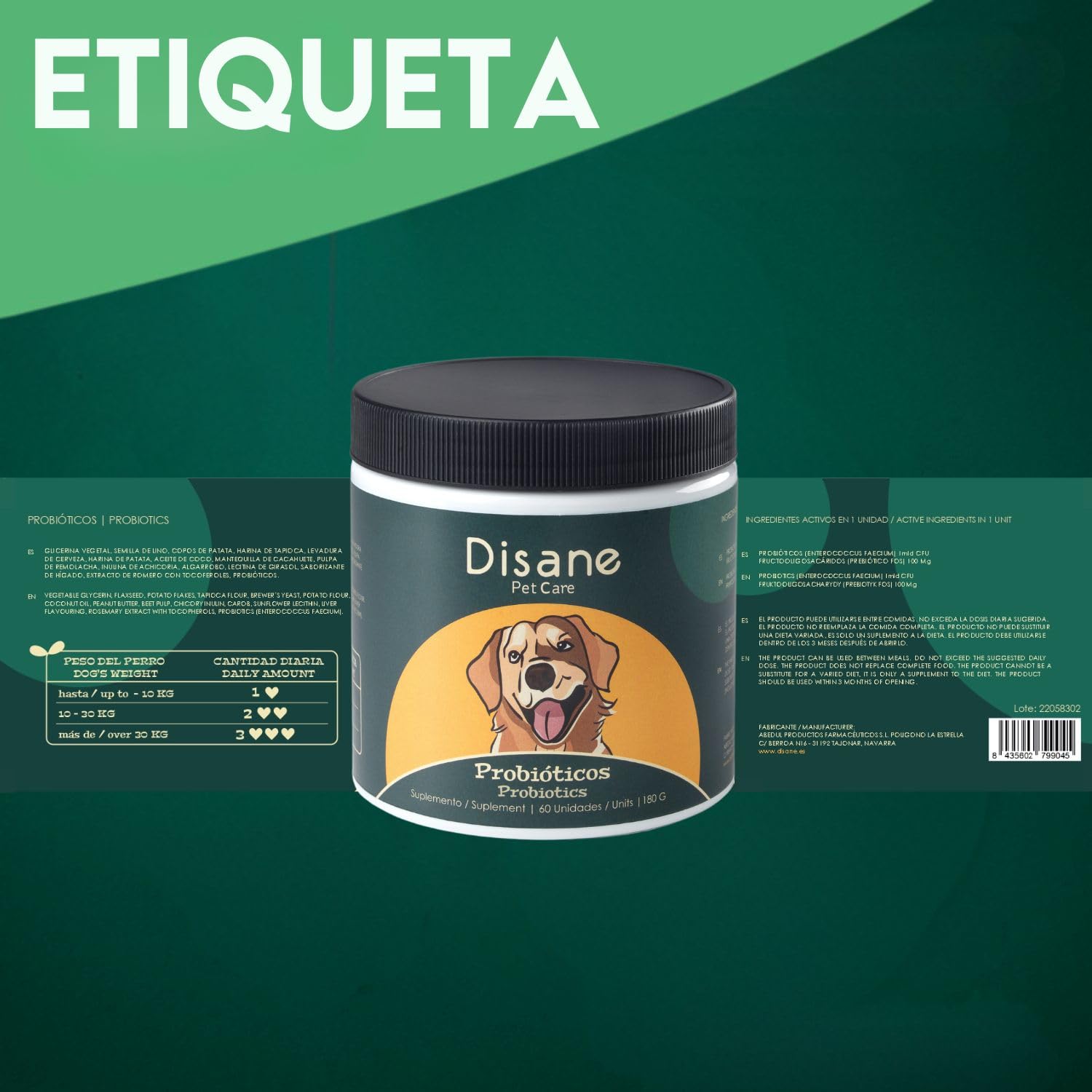Disane Probióticos para Perros Natural | Complemento Alimenticio para la Mejora de la Flora Intestinal, Bienestar Digestivo, Diarrea, Alergias Antipicores | Sabor Carne | 60 Unidades