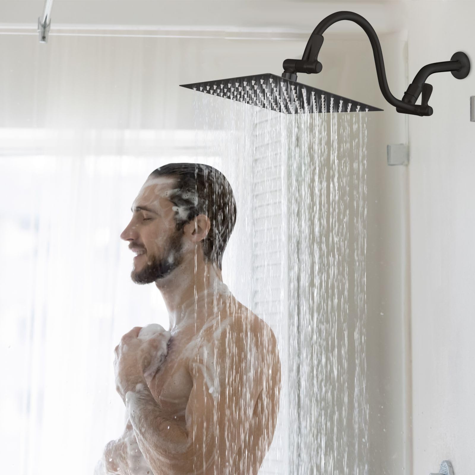Voolan Cabezal de ducha cuadrado de 10 pulgadas con brazo de extensión de 14 pulgadas, ángulo y altura ajustables, cabezal de ducha de lluvia de alta presión de acero inoxidable, 2.5 GPM, negro mate