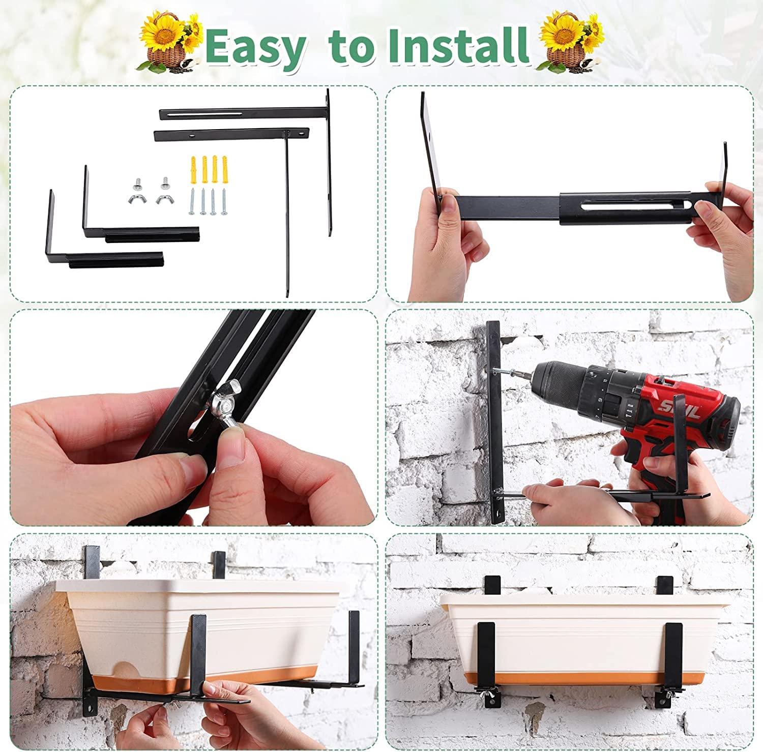 Adjustable Window Planter Box Brackets 4 Pcs 6 to 12 Inches Planter Bracket, Brackets for Window Boxes Planters