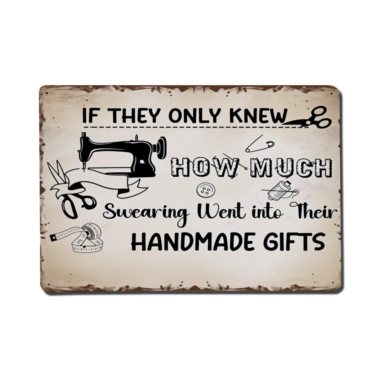 Sewing Machine Scissors Needle Thread Tape Retro Metal Tin Sign, Vintage Decor Art Poster for Bar, Home, Man Cave, Kitchen, Laundry Room Gift 8x12Inch