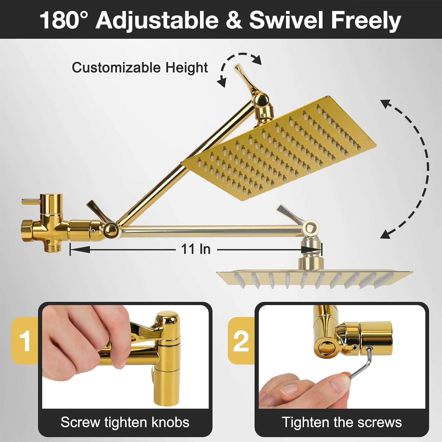 Rain Shower Head with Handheld Spray, Lanhado 8'' Gold Shower Head with 11'' Extension Arm, 9 Setting Handheld Shower Heads, Anti-leak High Pressure Rainfall Shower Head with Hose/Holder, Chrome