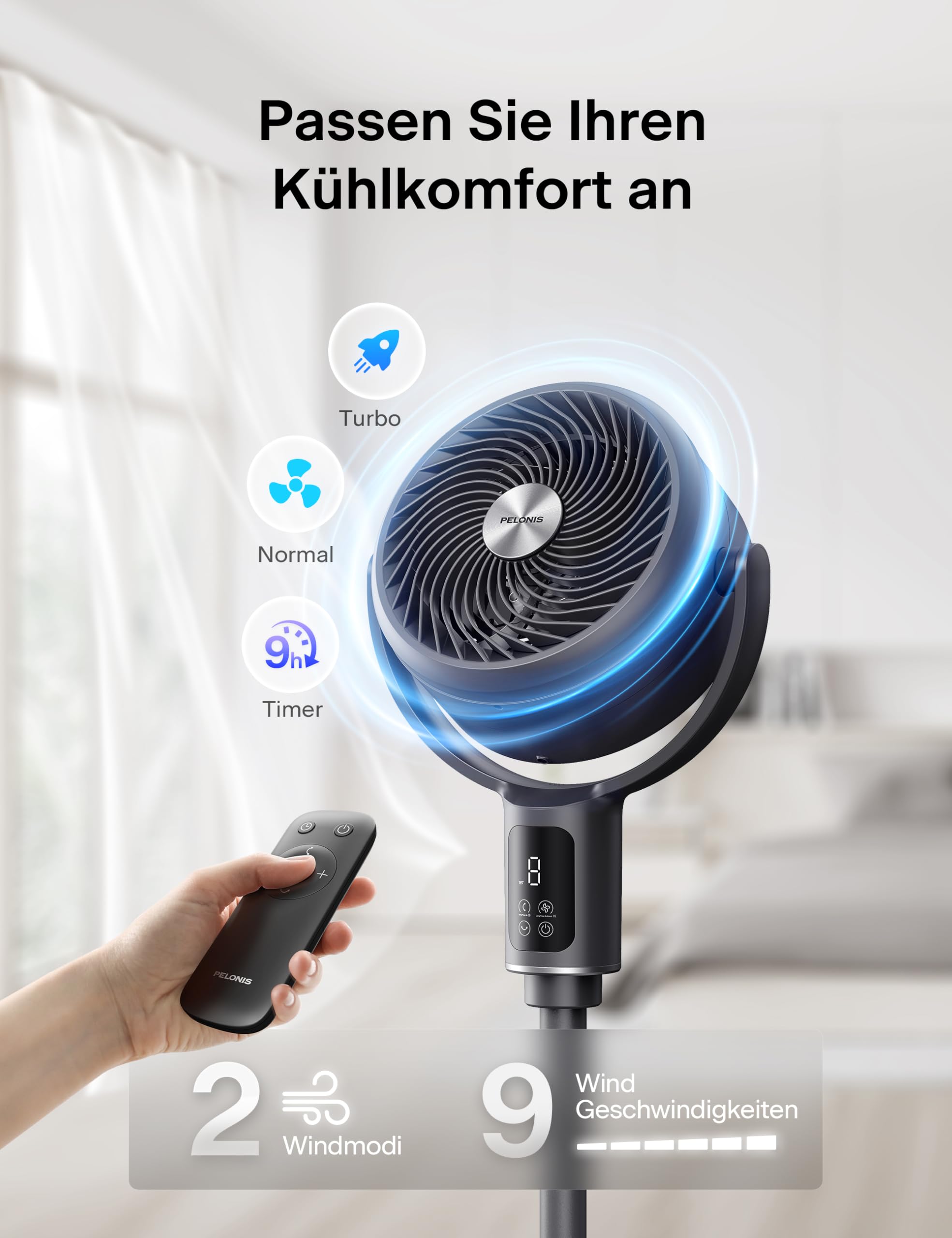 PELONIS Turmventilator mit Fernbedienung, 20dB Leiser Standventilator, 9 Stufen & 9H Timer, Höhenverstellbar, 135° and 100° Oszillation, Energiesparender für Schlafzimmer, Wohnzimmer