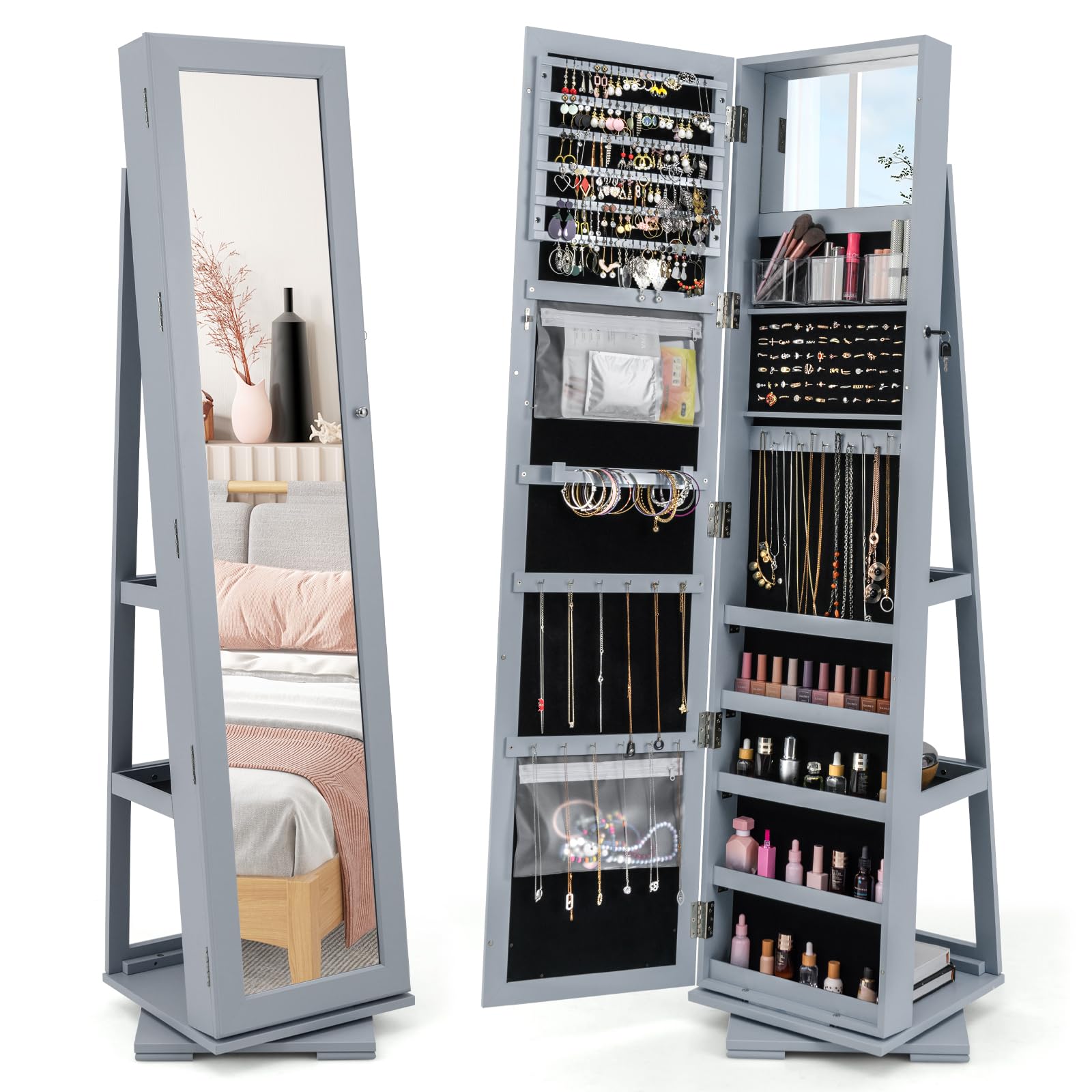 GOPLUS Armoire à Bijoux avec Miroir, Porte Bijoux sur Pied avec Étagère de Rangement&Serrure, Organisateur Chambre Pivotante à 360°, Coffre Bijoux pour Maquillage, Habillage (Gris)