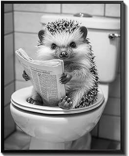 uniro Funny Bathroom Wall Art Prints, Black and White Hedgehog on Toilet Bathroom Picture Wall Decor, Cute Animal Canvas Print Painting, Modern Bathroom Signs Wall Art Poster for Bathroom Decor (8"x10 - UNFRAMED)