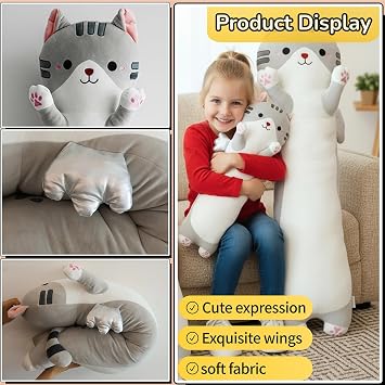 Long Cat Plush Pillow with Wings Soft Kitty Stuffed Animal Toy Giant Cuddly Kitten Cushion for Kids Adults Bedroom Decor (Gray, 60cm/23.62in)