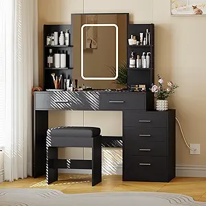 GAOMON Vanity Desk with Light, Makeup Vanity Set with 6 Drawers and Shelves, White Vanity with Charging Station, Vanity with Stool & 3 Lighting Color Adjustable