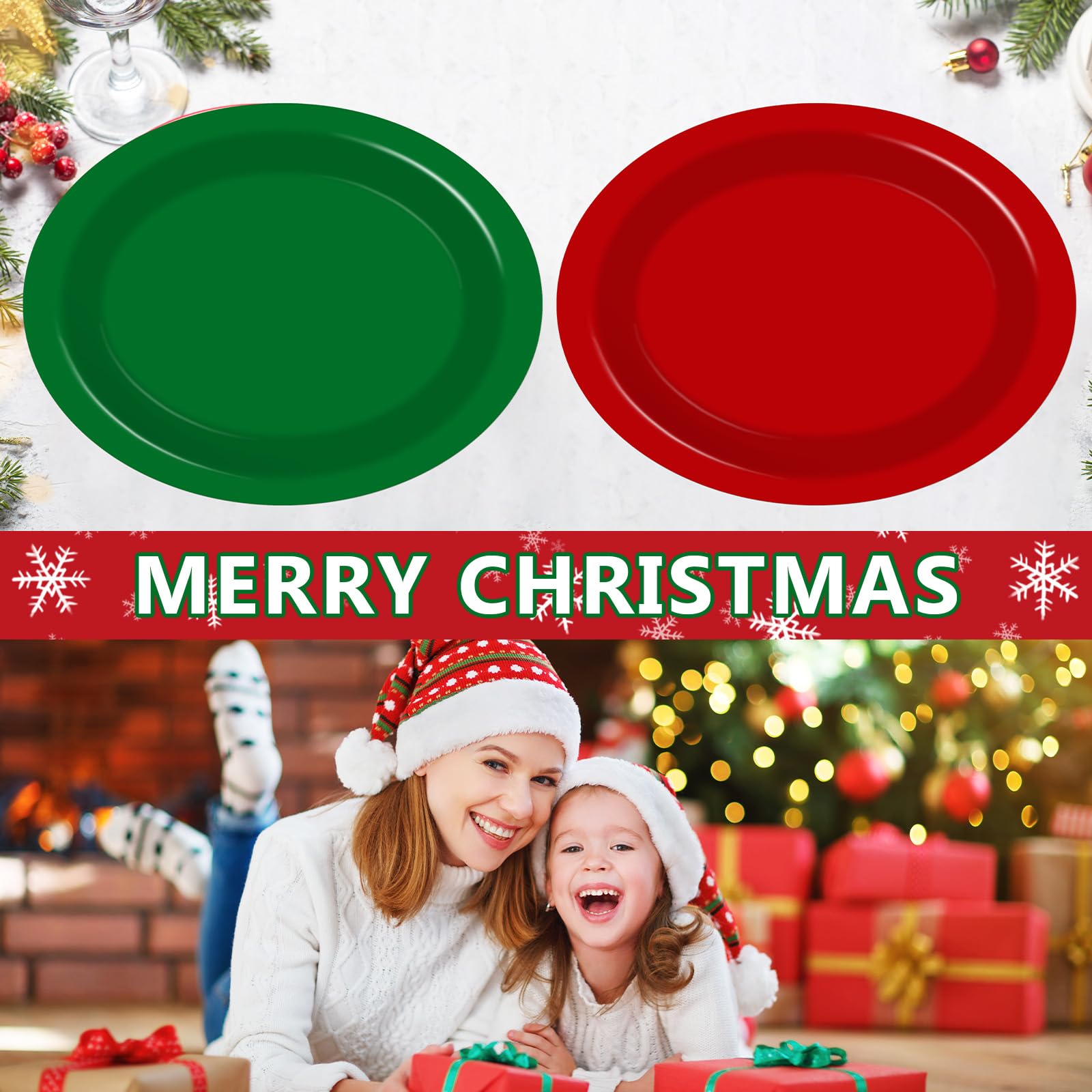 50 platos de papel ovalados de Navidad a granel, grandes, desechables, de 11 pulgadas, color rojo y verde, bandeja de platos resistente para Navidad, invierno, vacaciones, fiesta de cumpleaños,