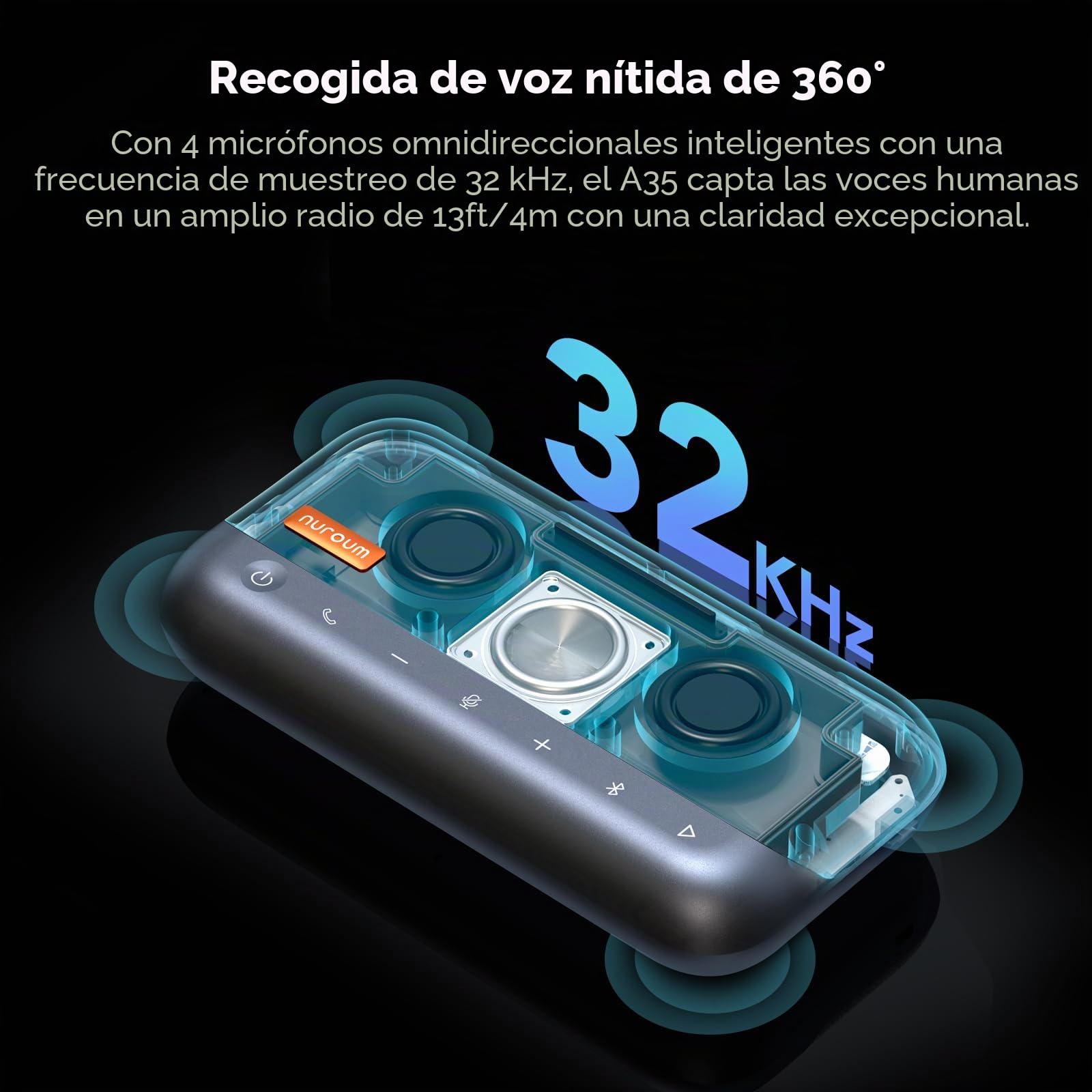 NUROUM A35 Altavoz Conferencias con Micrófono, Cancelación de Ruido Potenciada por IA, Pastilla de 32 kHz, en Cadena para Hasta 20 Personas, Altavoz Bluetooth/USB Compatible con Zoom/Teams/Google Meet