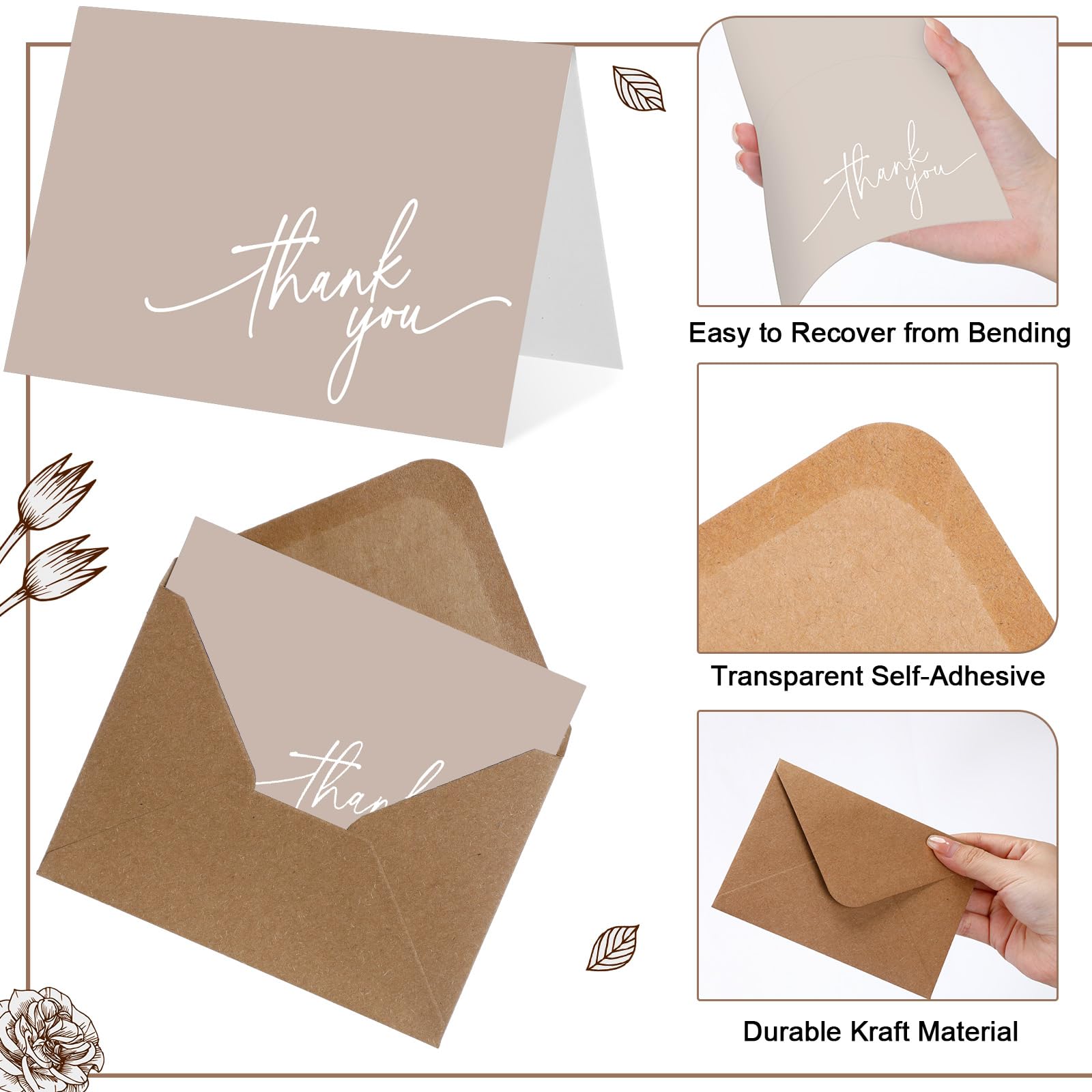 Gueevin Lot de 200 cartes de remerciement avec enveloppes en kraft et autocollants, 8,9 x 12,7 cm, notes de remerciement vierges élégantes pour mariage, affaires, remise de diplôme, fête prénatale