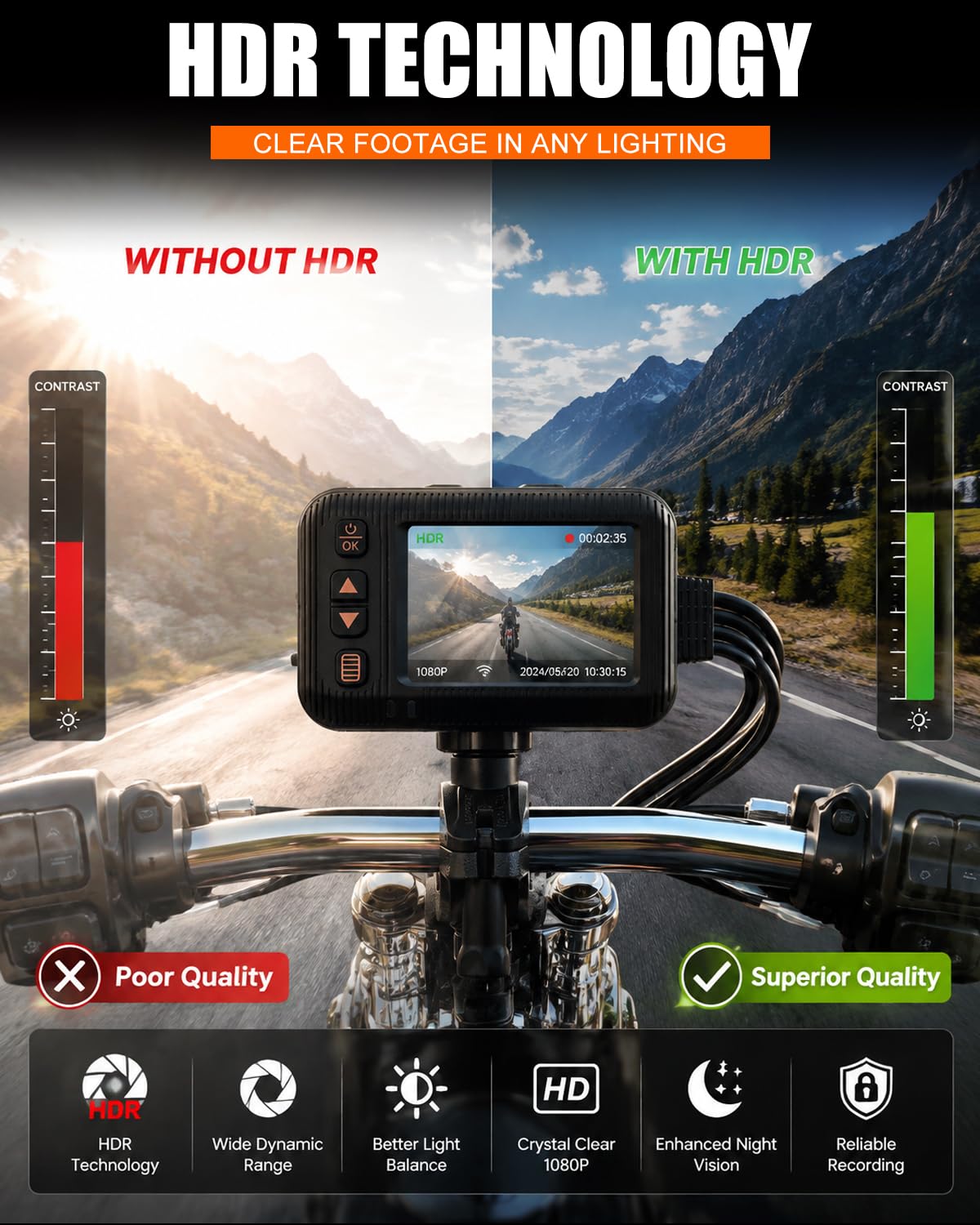 NHOPEEW Kamera pokładowa do motocykla 1080p z podwójną kamerą