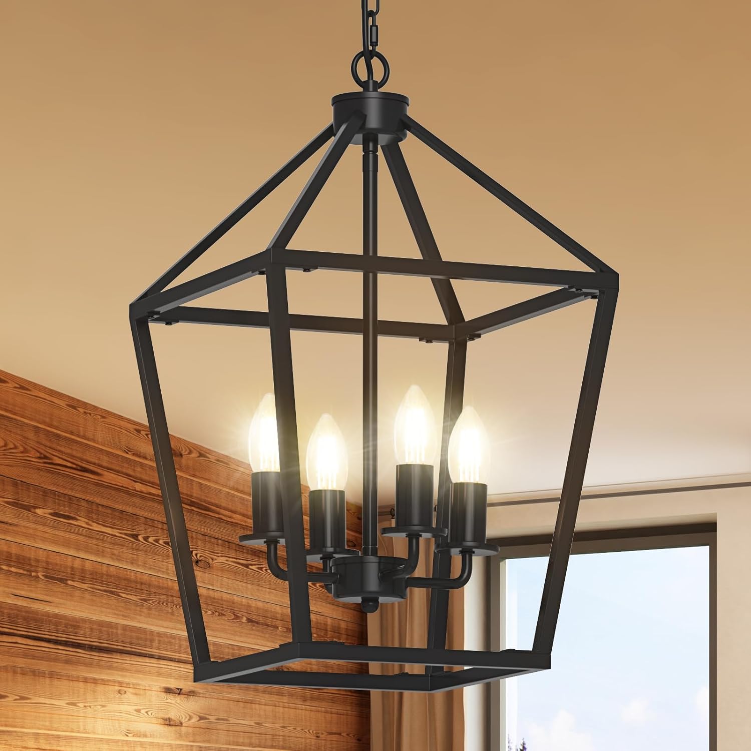 Sunwish Farmhouse Chandelier 4-Light, Black Industrial Lantern Ceiling Light Fixtures for Dining Room, Metal Cage Adjustable Height Rustic Geometric Pendant Light for Kitchen Island Entryway Foyer