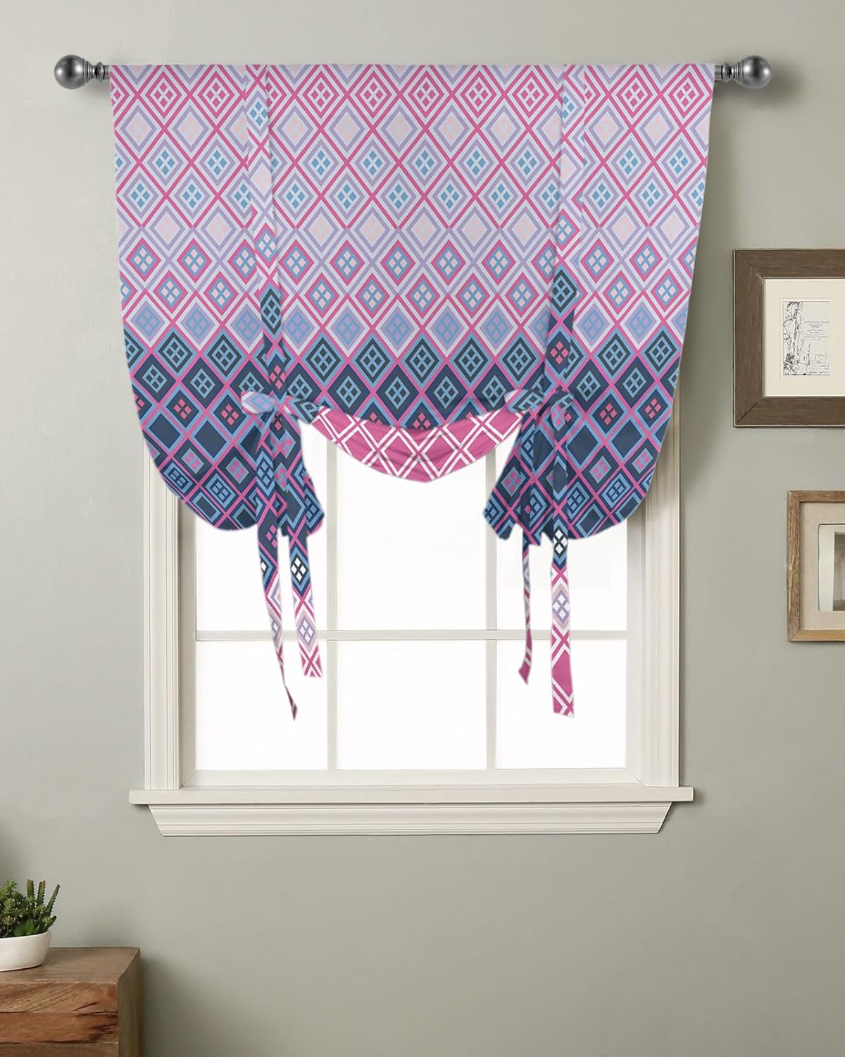 Tie Up Window Shade Curtain Ethnic Geometric Diamond Plaid Kitchen Adjustable Balloon Curtains Shades Drape 52x63In for Living Room/Bedroom/Cafe Windows Tribe Style Color Gradient