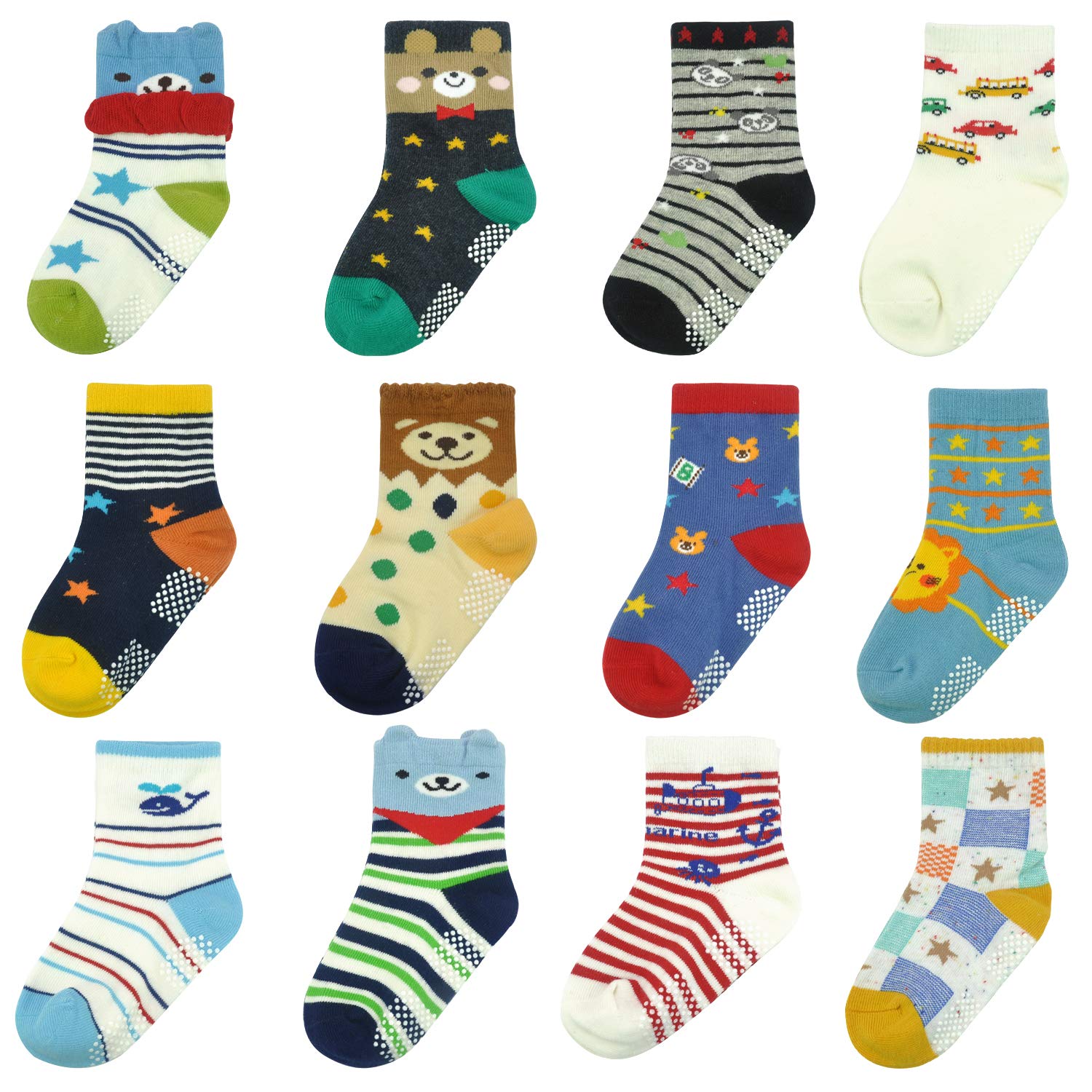 HYCLES Toddler Grip Socks - 12 Pairs Baby Boy Anti Slip Socks for Infant Kid Children Girls Non Skid Socks Bear 6-12 Months