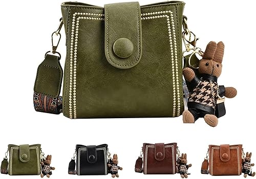 Pequeño bolso retro del cubo del agua del vintage, bolso de la moda del vintage con la correa de hombro más ancha ajustable, Verde