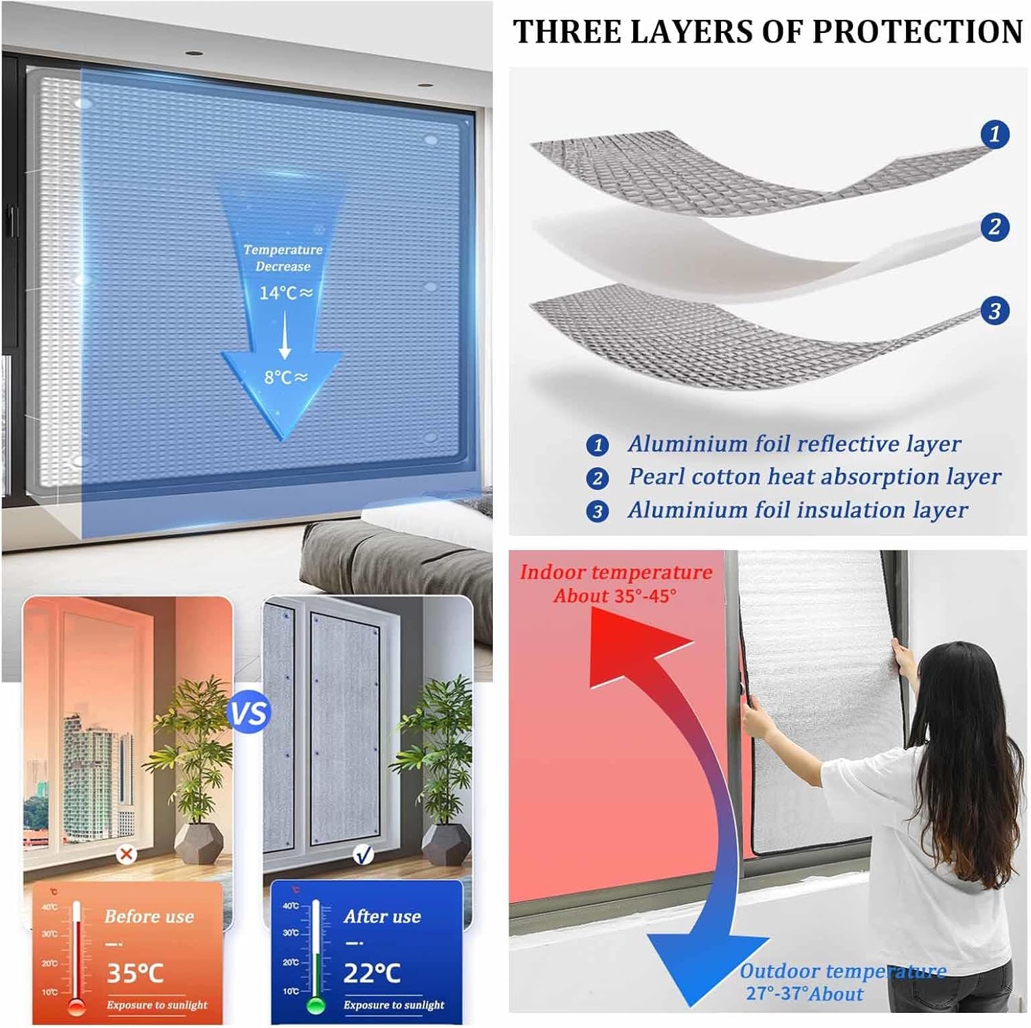 断熱反射フィルム、8mm厚の遮光プライバシー窓フィルム、二重アルミニウム箔日焼け防止フィルム、防眩光断熱窓フィルム。,W&times;H-110