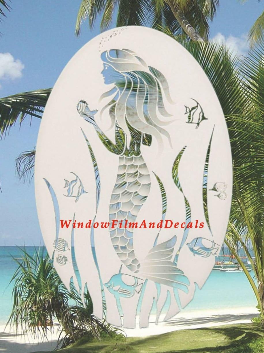 Oval Mermaid Etched Window Decal Vinyl Glass Cling - 15" x 23" - White with Clear Design Elements