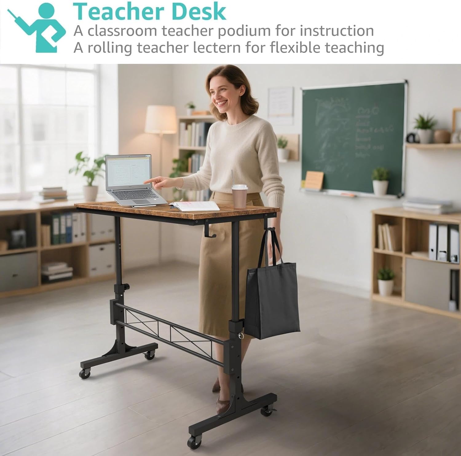 Teacher using the WINAZ desk as a podium in a classroom setting.