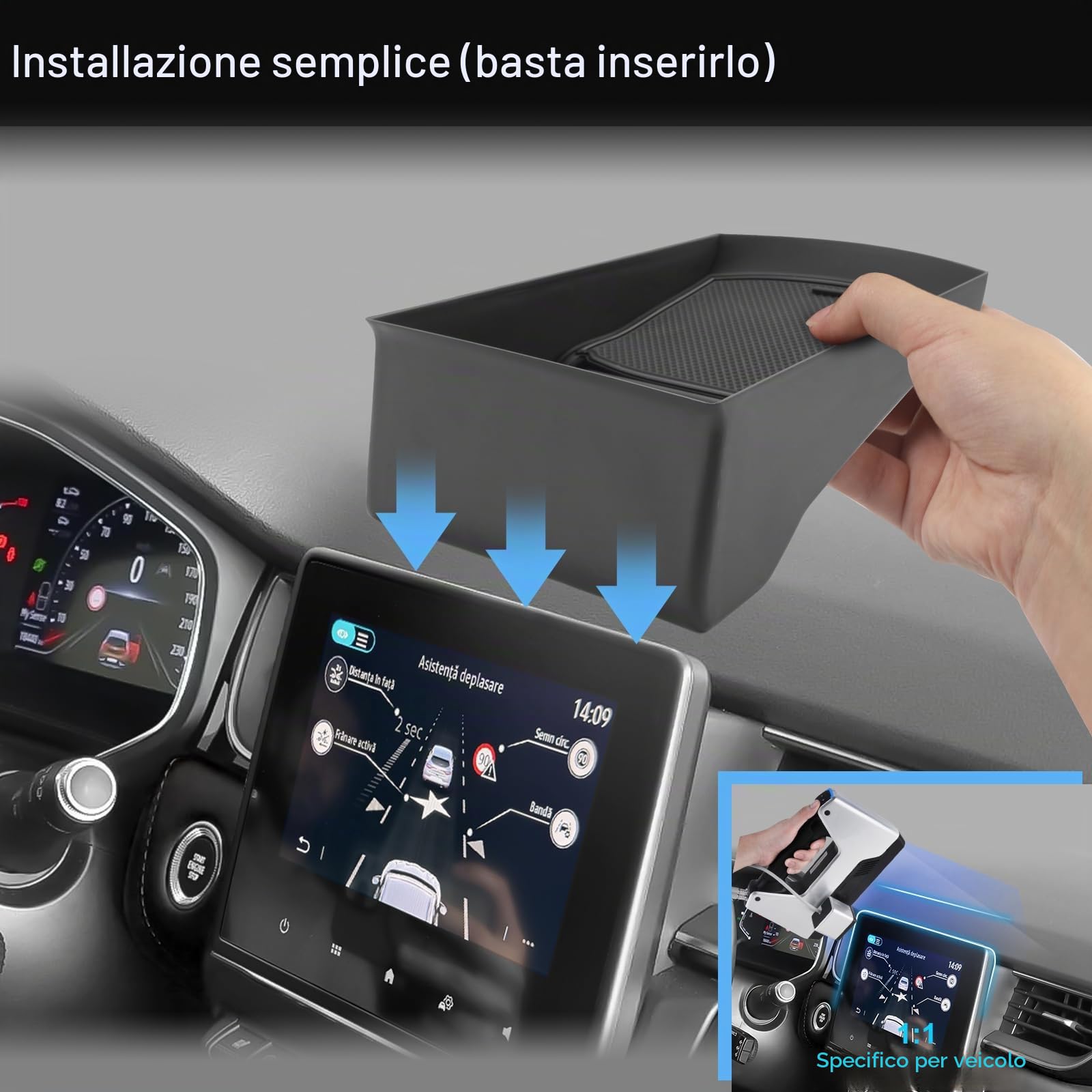 Vano Portaoggetti del Cruscotto Centrale Compatibile con Renault Captur 2 2019-2024, Console Centrale Portaoggetti, Captur Organizer per Console Centrale con Tappetino Antiscivolo (Nero)