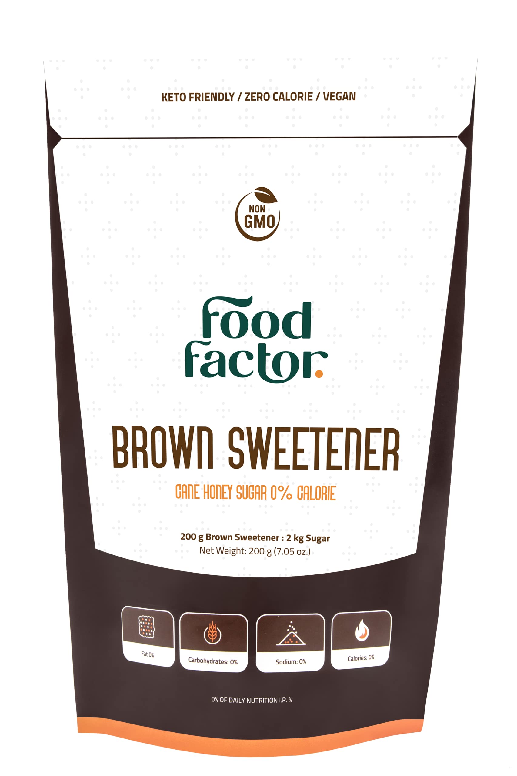 Food Factor Brown Sweetener | Made in Spain Sugar Cane Granulated Zero Sugar, Zero Calorie, Zero Carb, Zero Fat Suitable For Diabetic, Vegan, Keto Friendly for baking, 200 G (7.05 Oz) Pack Of 2