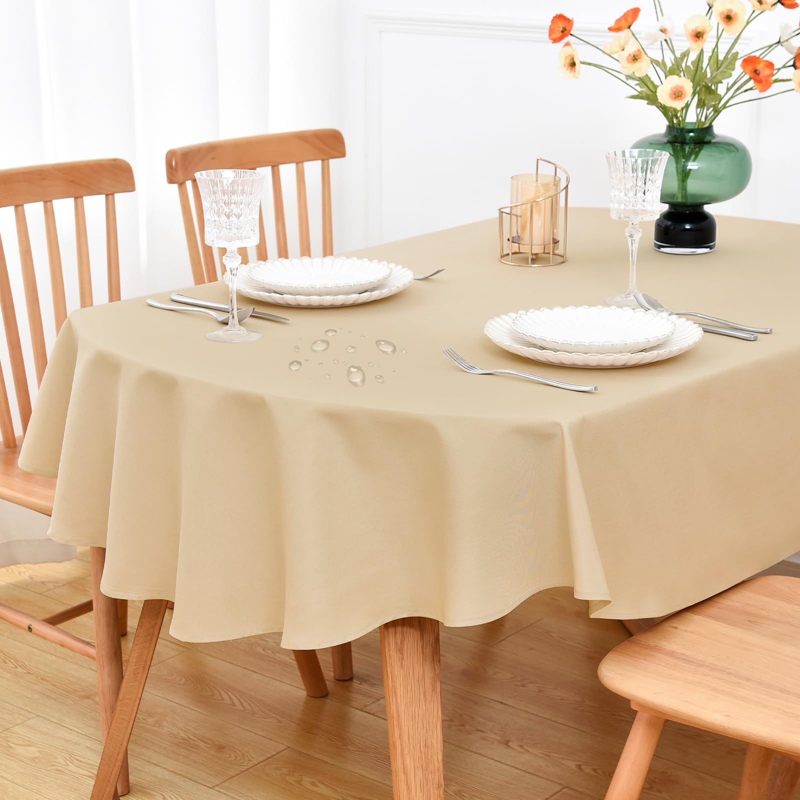 NEWISHER Farmhouse Water Resistant Oval Tablecloth 133x180 cm (52x70 inch), Faux Linen Table Cloth Wipe Clean, Washable Table Cover for Kitchen Dining, Party, Banquet Indoor Outdoor (Beige) โ image 1