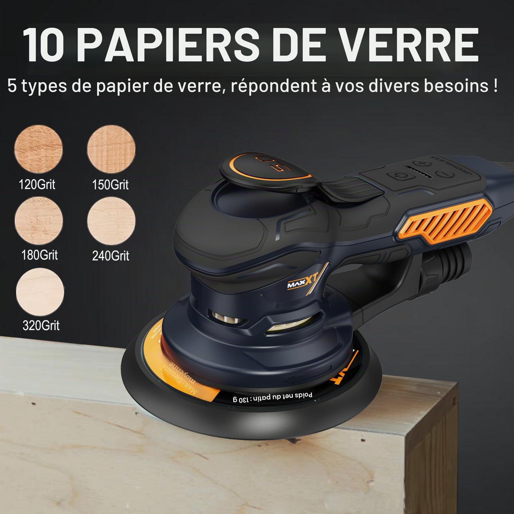 MAXXT Ponceuse Excentrique,350W 6 vitesses variables Ponceuse orbitale 10000RPM,Papier de Verre 10PCS, idéal pour le Ponçage des Produits en Bois et plus encore