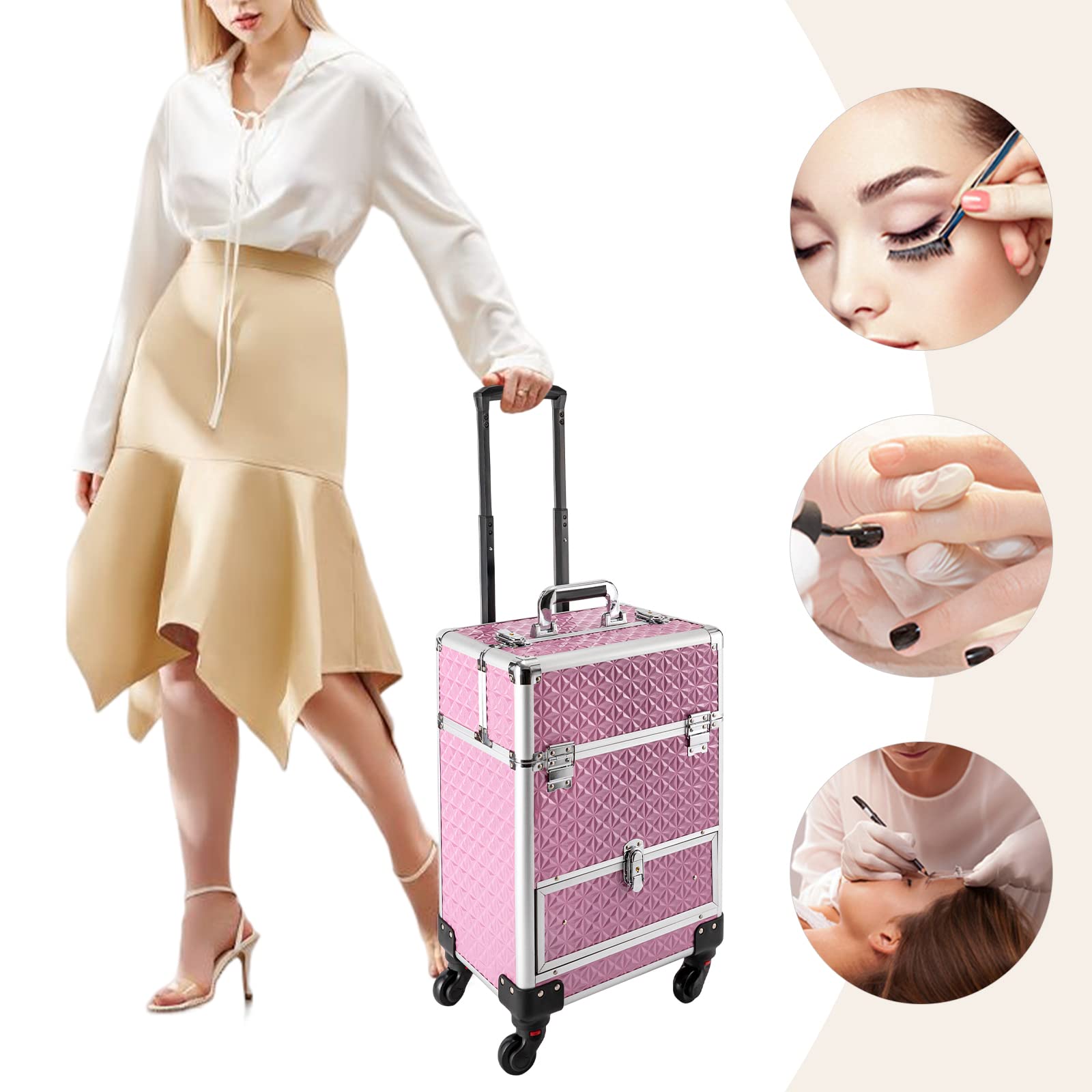 Kosmetikkoffer Trolley, Schminkkoffer mit Schubladen groß Abschließbar Friseurkoffer Reisen Make-up Koffer mit 360° drehbare Rollen 34 x 25 x 47 cm (Rosa)