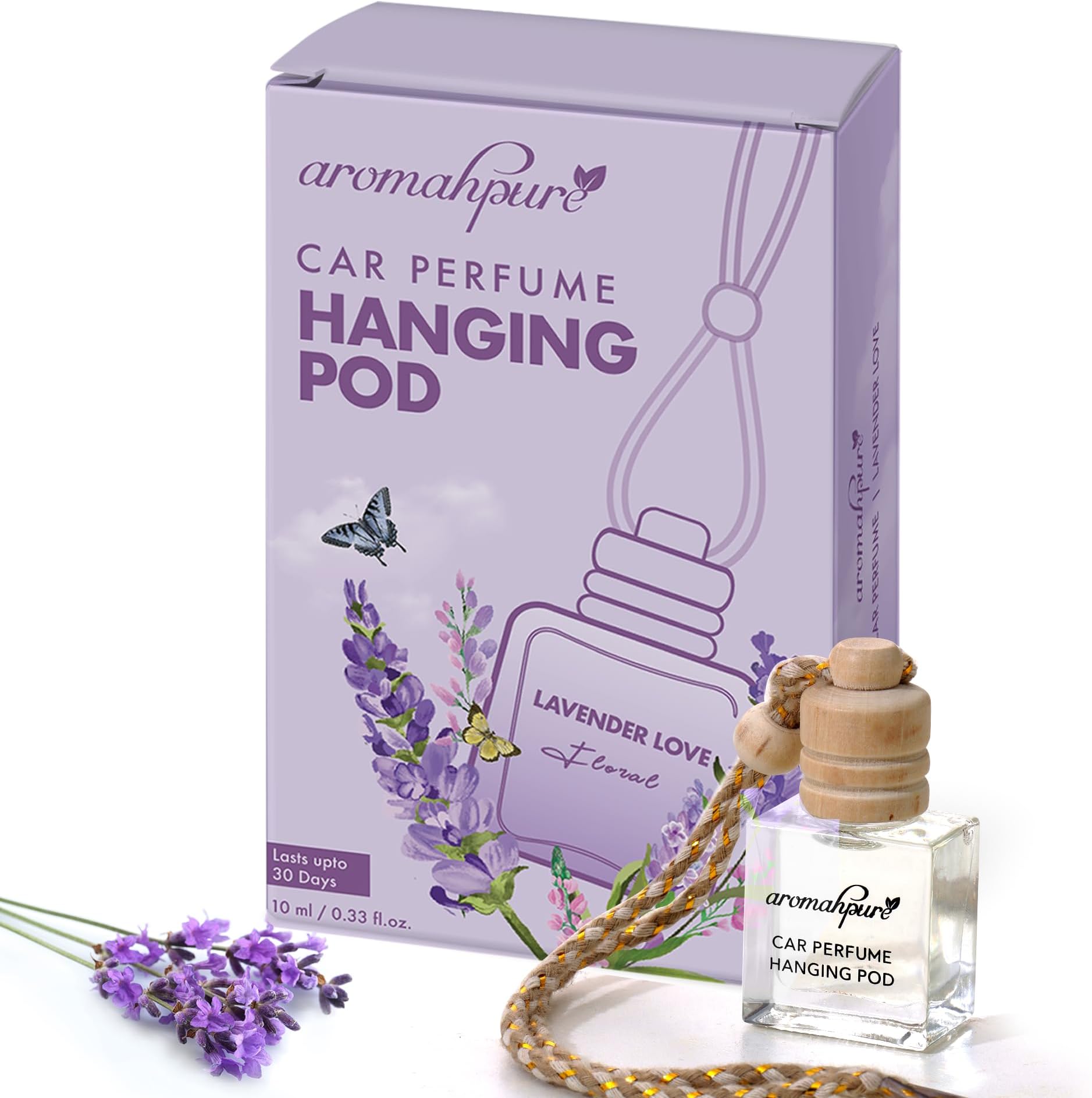 Premium Car Perfume Hanging Pod |10 ML |Lavender Fragrance Car Air Freshener |Natural Essential Fragrance Oils in Glass Bottle with Wooden Diffuser Lid |Last upto 30 Days, IFRA certified