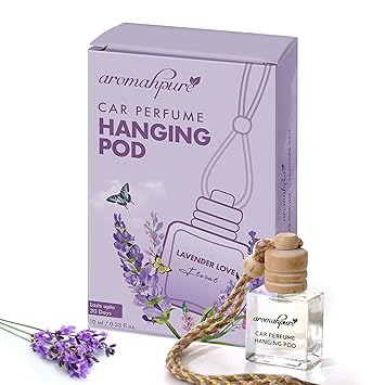 Aromahpure Premium Car Perfume Hanging Pod |10 ML |French Lavender Fragrance Car Air Freshener |Natural Fragrance Oils in Glass Bottle with Wooden Diffuser Lid |Last upto 30 Days, IFRA certified - image, photos