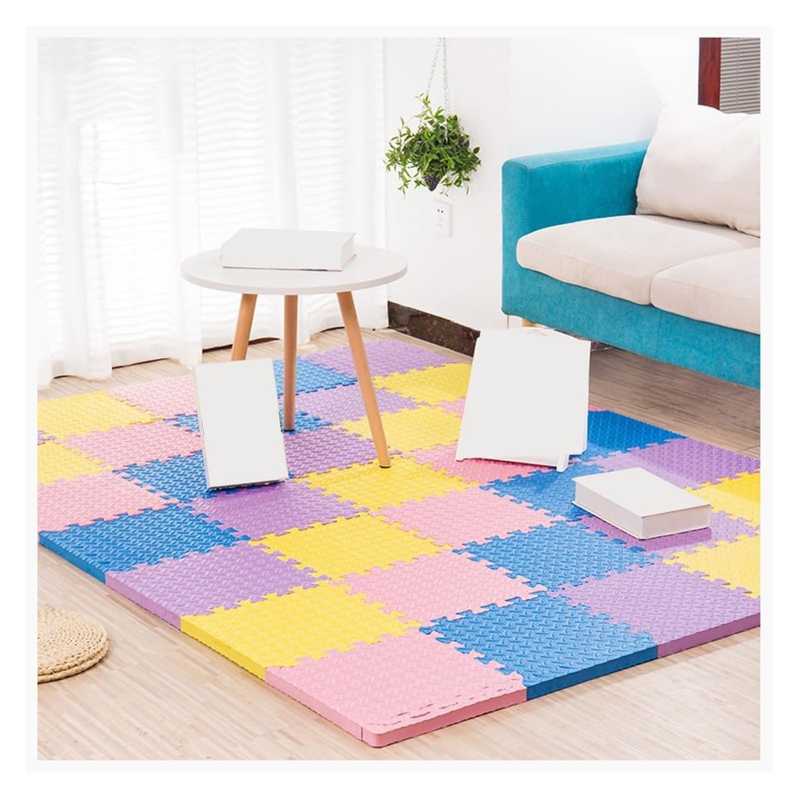 Mata do ćwiczeń Puzzle, 12 szt. płytek podłogowych z pianki EVA o grubości 12x12x1 cala, miękka, kwadratowa mata dywanowa do domowego sprzętu do ćwiczeń i placów zabaw dla dzieci(Yellow//Purple/Blue)