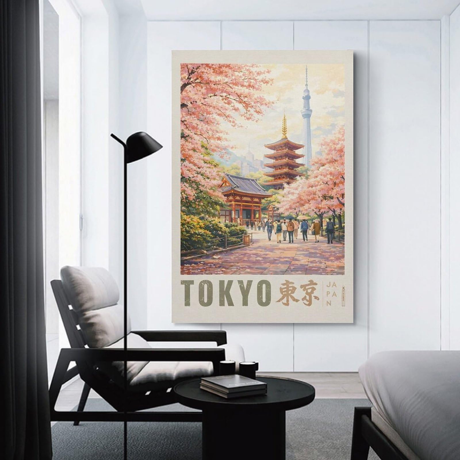 Junmoney Tokyo Cherry Blossoms And Pagoda Canvas Wall Art 24x36inch(60x90cm), for Study, Office Or Focused Interiors, Home Office Artwork with Decorative Appeal