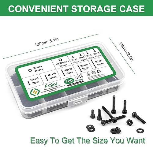Miniatura 7 de FOLIV Kit surtido de tornillos y tuercas métricos, 780 piezas M2 hexagonal, tornillos hexagonales y arandelas de tuercas, tornillos hexagonales