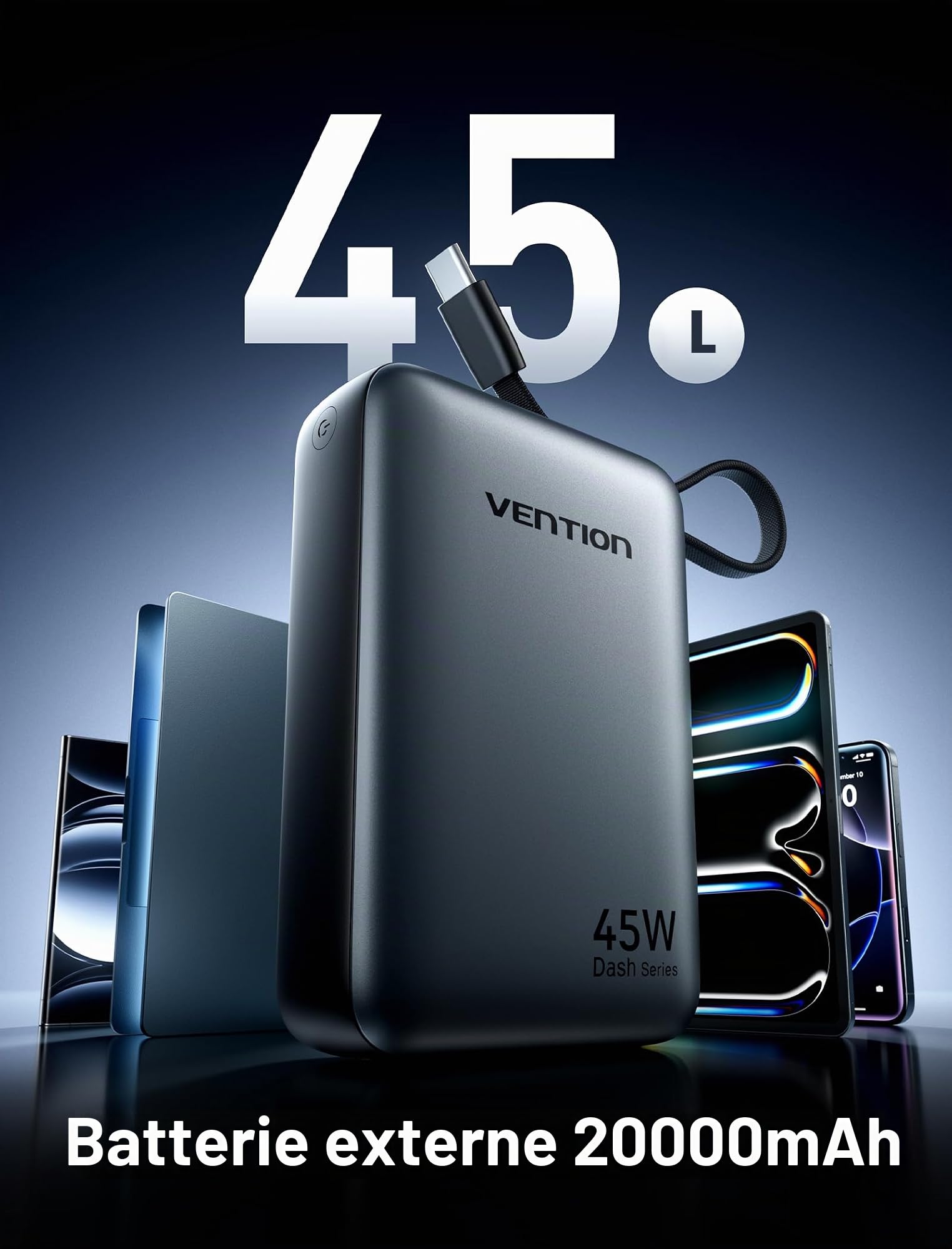 VENTION Mini Power Bank 45 W 20 000 mAh avec câble USB-C intégré, Chargeur Rapide PD/PPS, Batterie Externe de téléphone Portable avec écran LED pour iPhone 16/15/14, Galaxy S25/S24, iPad, Ordinateur