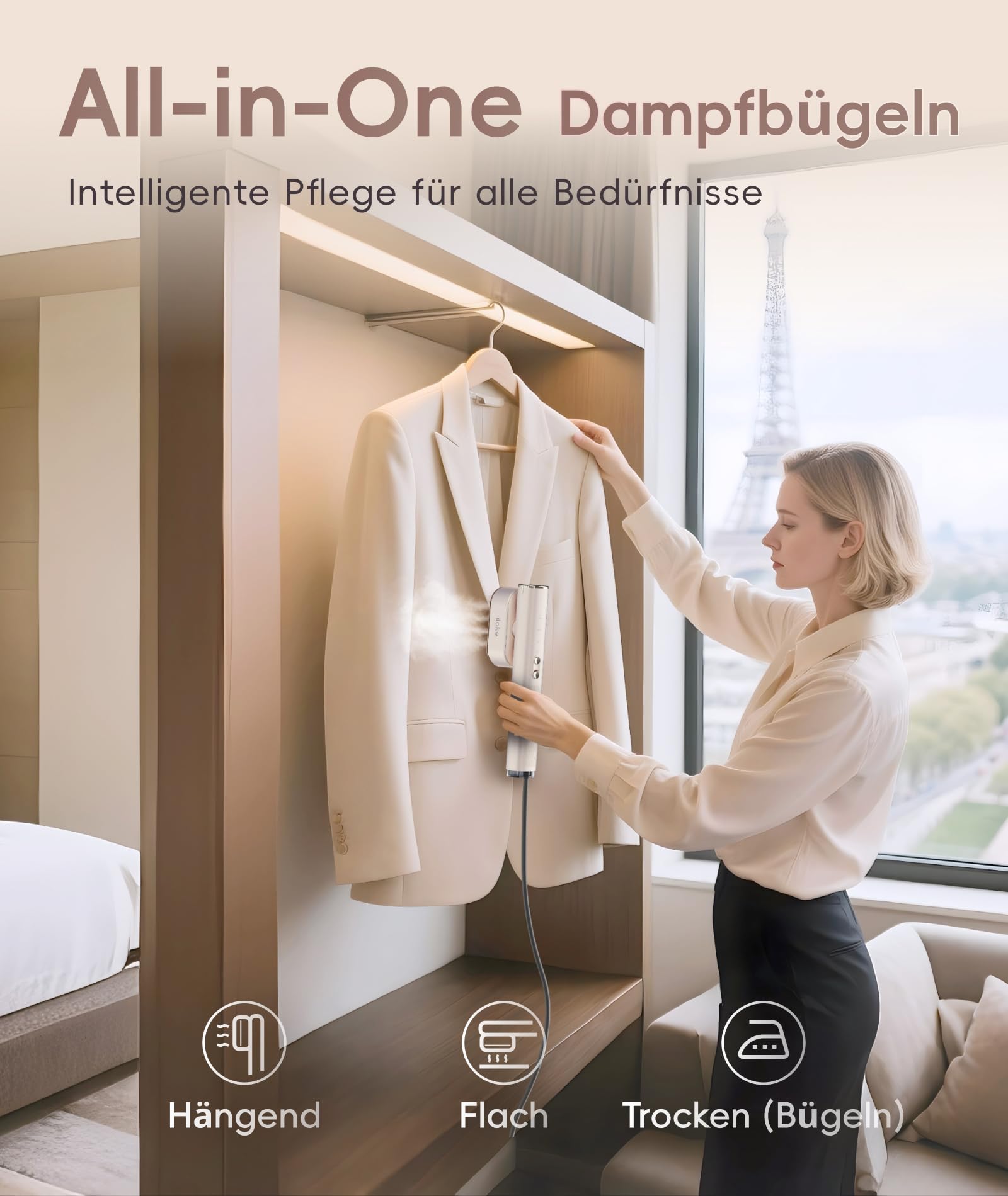 Dampfglätter für Kleidung, Handheld 100-240V Dual Voltage Travel Dampfglätter, 1000W und 120ML Wassertank Tragbarer Dampf & Bügeleisen 2 in 1 für Geschäftsreisen Zuhause, Roségold