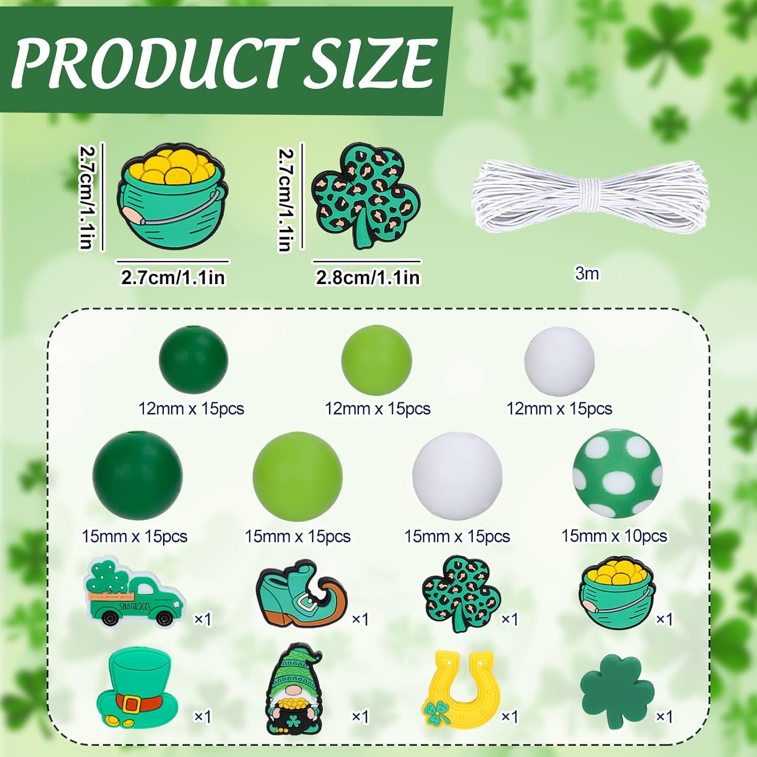 108Pcs St. Patrick's Day Silicone Beads Green Round Shamrock Gnome Rubber Loose Beads with Elastic Rope for Irish DIY Crafts Keychain Jewelry Making - Image 2