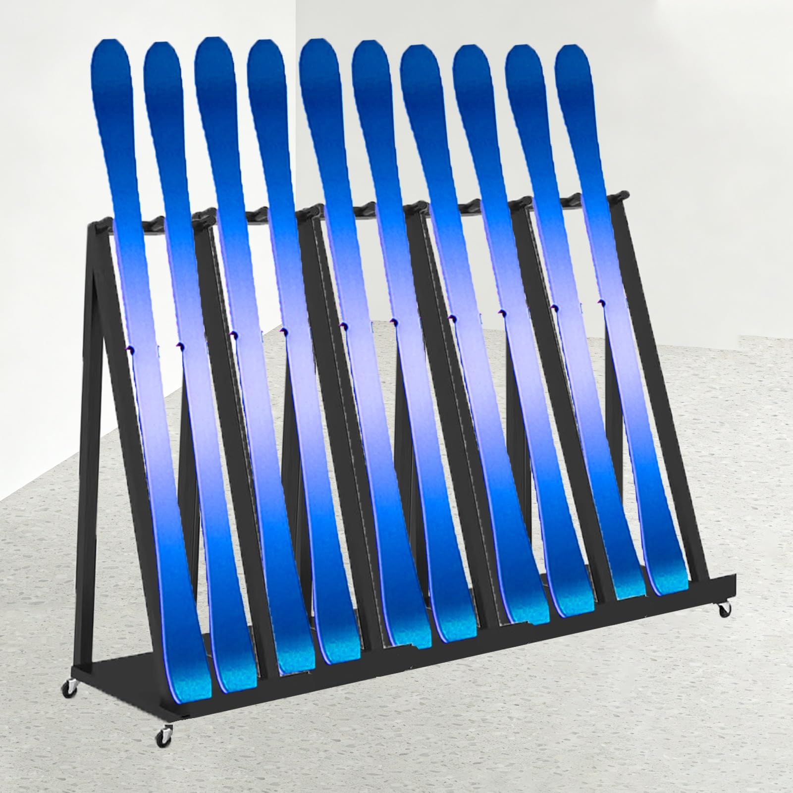 Estante vertical de almacenamiento de esquís para interiores, soporte de exhibición de esquí para transporte/organizador, soportes de pie para longboard con ruedas