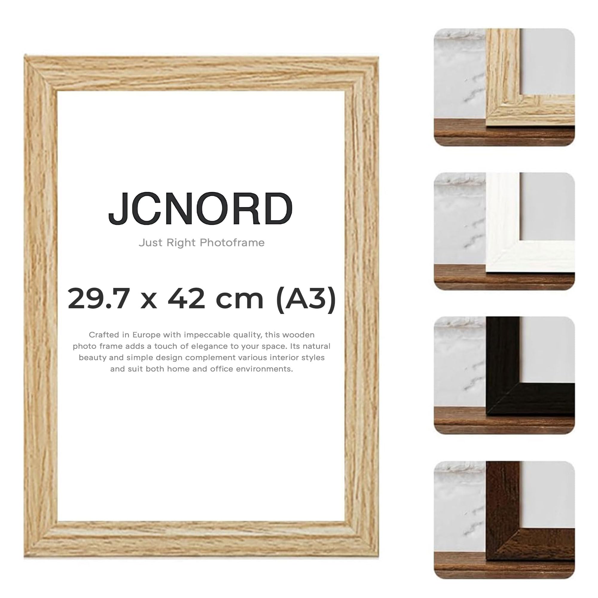 JCNORD MDF Oak Colored Wooden Picture Frame A3 (29.7x42 cm) with Shatterproof Acrylic Glass | Modern Photo Frame for Walls and Tables