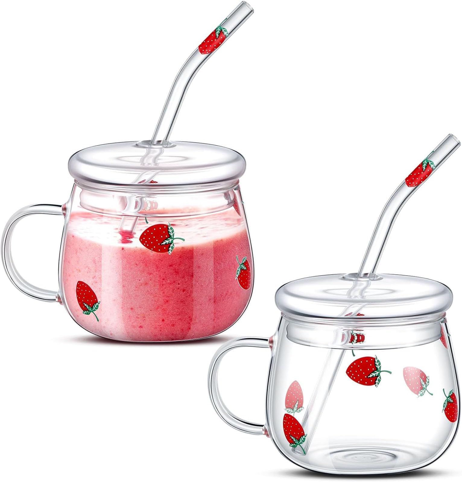 THE WHITE SHOP 2PCS strawberry cup with straw Lovely glass strawberry cup 300ML straw glass, cute strawberry pattern glass bottle for buffalo milk tea, coffee juice tea cup (2pcs, B)