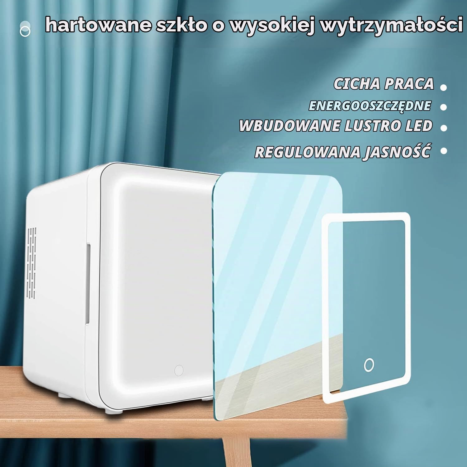 VNIMTI Lodówka kosmetyczna, przenośna minilodówka z lusterkiem z podświetleniem LED, 12 V/220 V, retro, do produktów do pielęgnacji skóry, chłodzenie i grzanie, do pokoju, samochodu, biała, 4 l