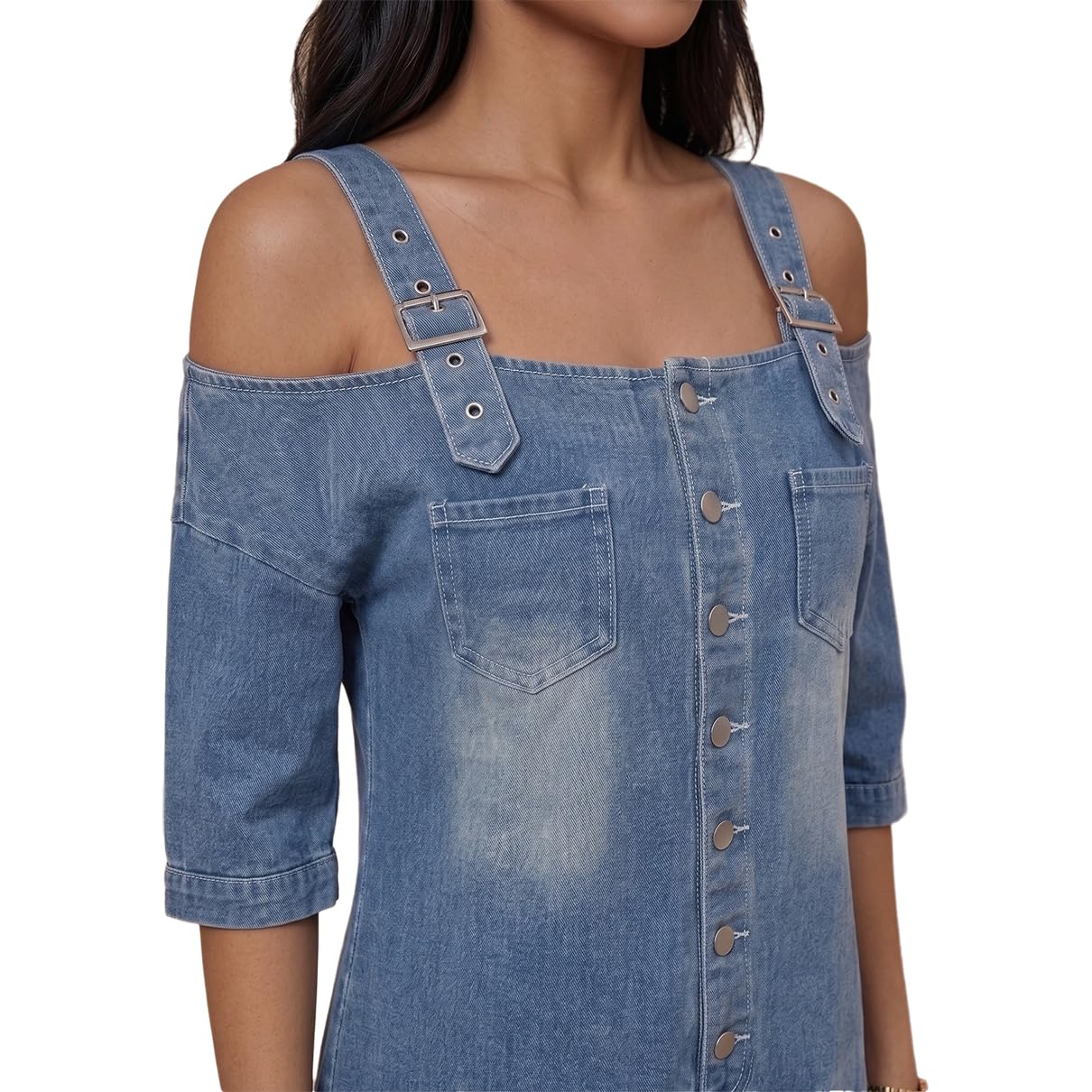 Combinaison en Jean pour Femmes, Sexy, épaules dénudées, Manches Courtes, Coupe Ample, Longue Barboteuse en Jean avec Poches