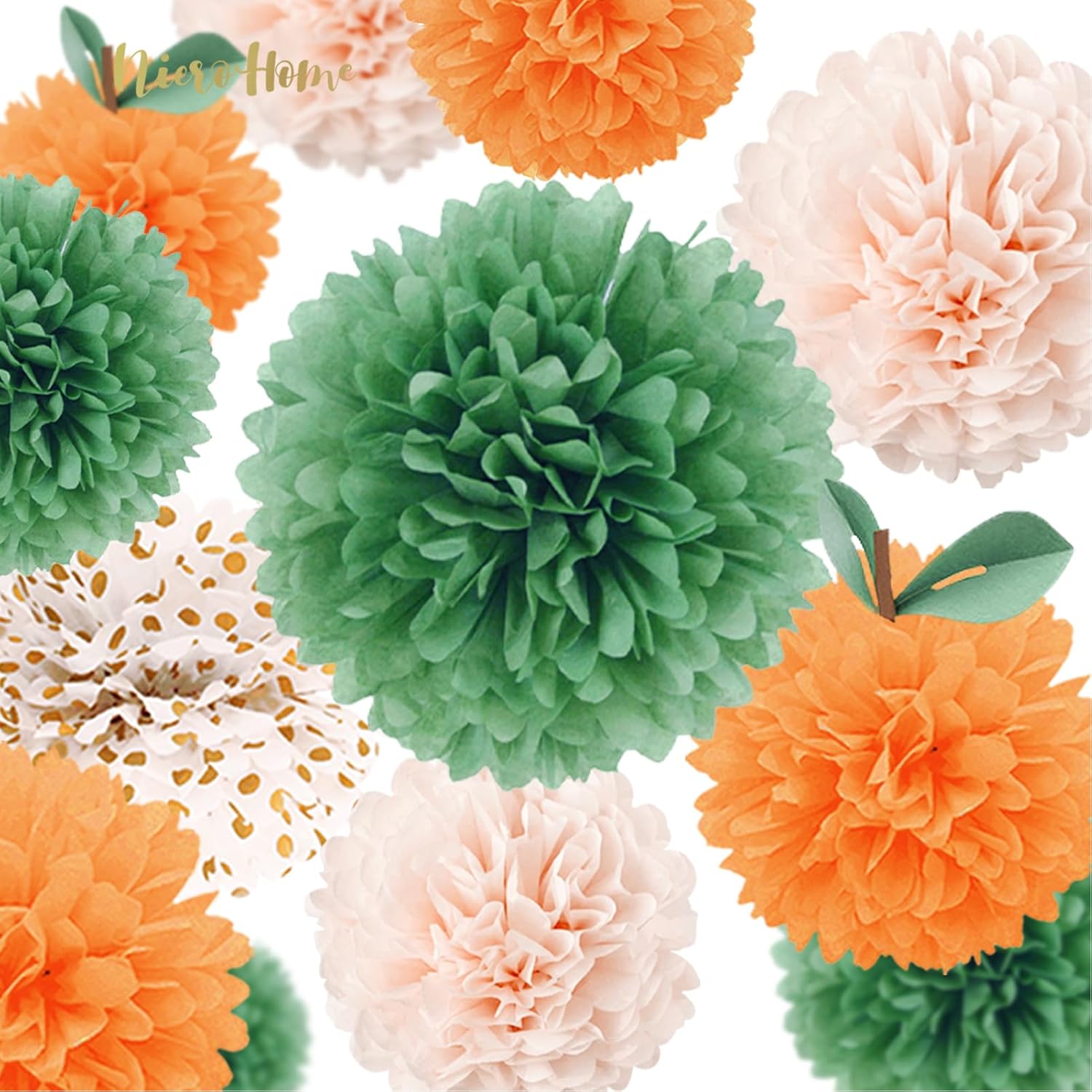NICROHOME EUR Little Cutie Baby Shower Decorations, 12 PCS Light Orange Green Tissue Paper Pom Poms for Fruit Themed Party Spring Summer Party Bridal Shower Birthday Wedding Party Supplies
