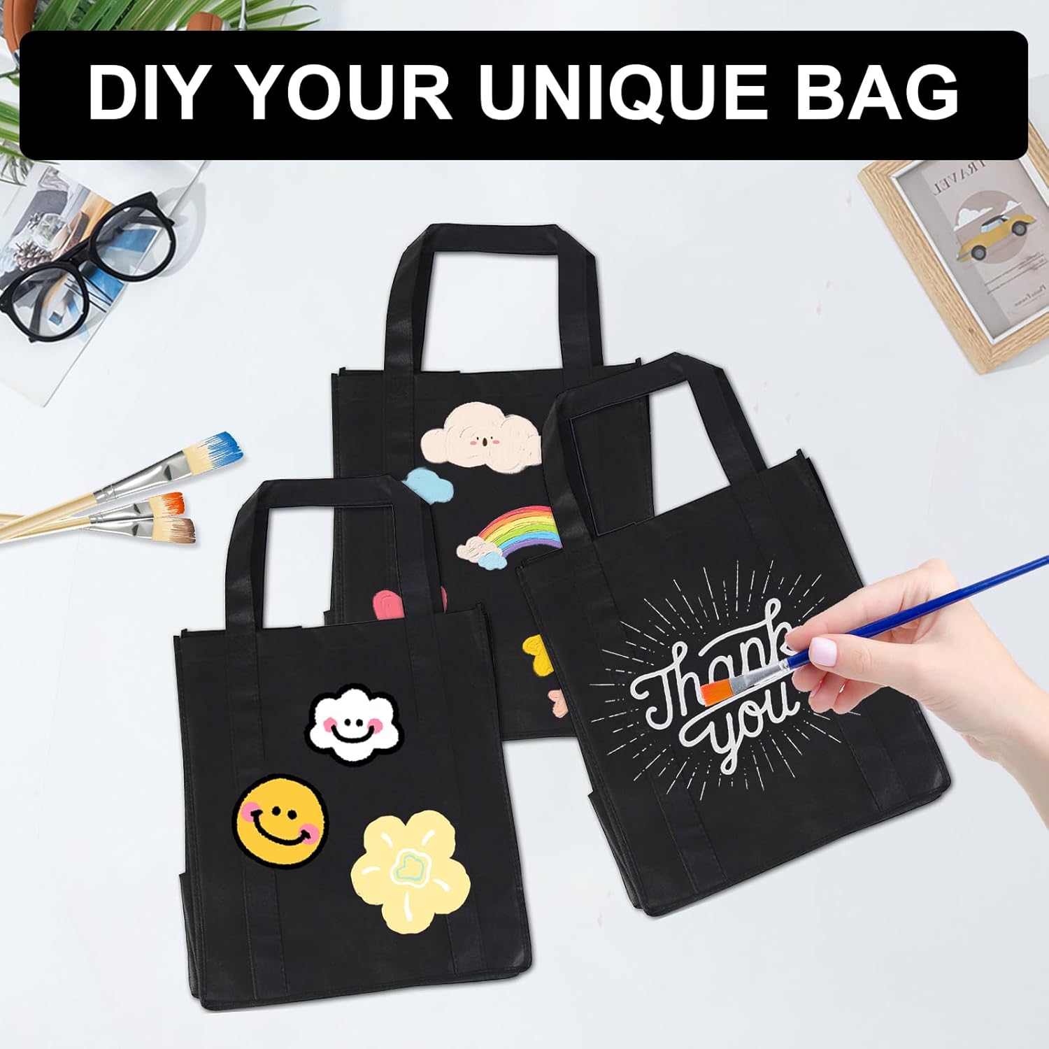 100 Pcs Non Woven Bags Bulk,10x8x4 Inch Reusable Tote Bag with Handles, Portable Grocery Bags Gift Bag for Shopping Merchandise Events Parties Boutiques Retail Stores (Black) - Image 4