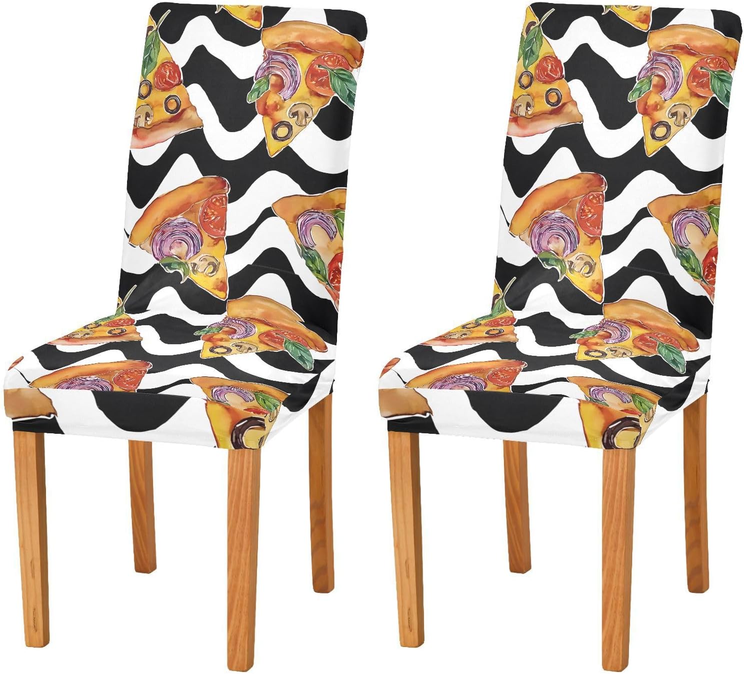 ALAZA Chair Covers for Dining Room, Pizza with Black and White Background Pattern Stretch Chair Cover Sets Chair Protector Removable Washable for Ktichen Restaurant Hotel