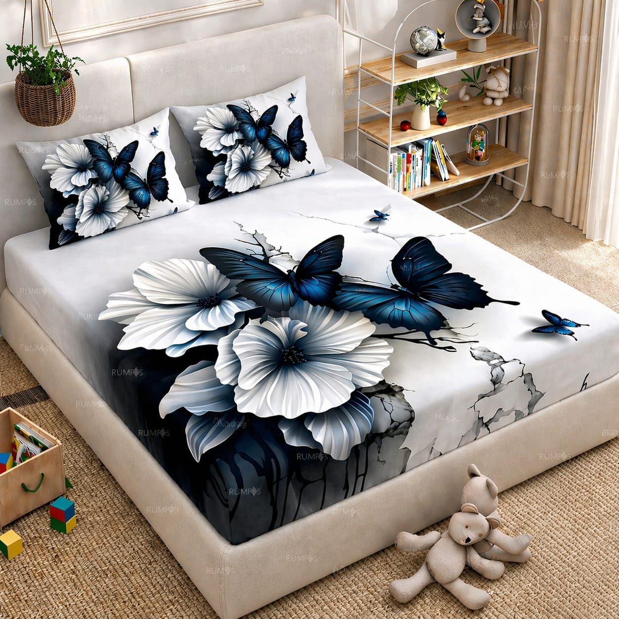 RUMPS 3D Digital Printed Double Bedsheet Flat | Premium Knitted Cotton MicroFabric 90x100 Inch Bed Sheet with 2 Pillow Covers, Cute Cartoon Blue Bird (7D Digital Blue Butterfly)