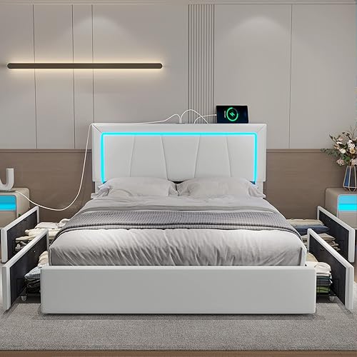 Miniatura 7 de Hasuit Base de cama Queen con 4 cajones de almacenamiento debajo, plataforma tapizada tamaño Queen con cabecera de cuero artificial, cama moderna