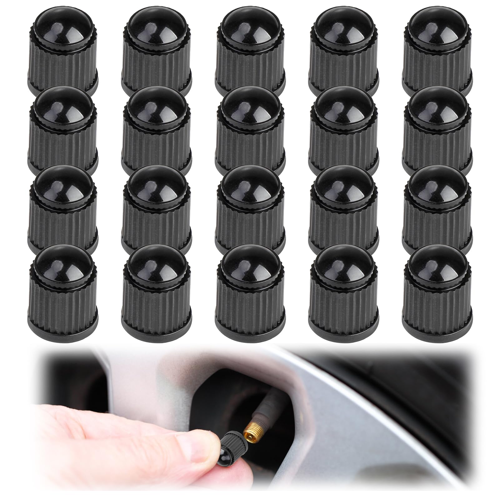 20PCS Black Tyre Valve Caps Plastic Dust Covers Strong Sealing Universal Stem Caps for SUVs Cars Bikes Motorcycles Trucks Bicycles Motorbikes Tires Heavy-Duty Airtight Seal Screw-On Operation