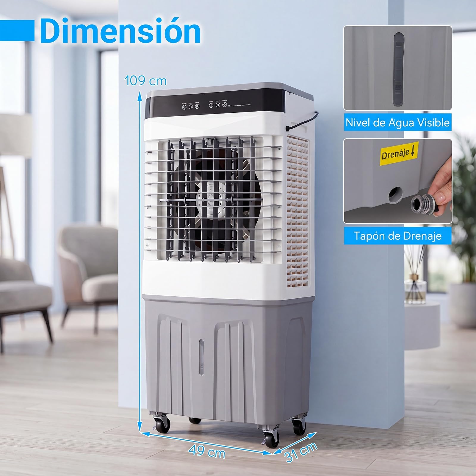 COSTWAY 3 en 1 Climatizador Evaporativo, Enfriador de Aire Portatil con 3 Velocidades, 2 Modos, 12H Temporizador, Ventilador con Ruedas, Oscilación de 70º/90° y Cubetas de Hielo (49 x 31 x 109 cm)