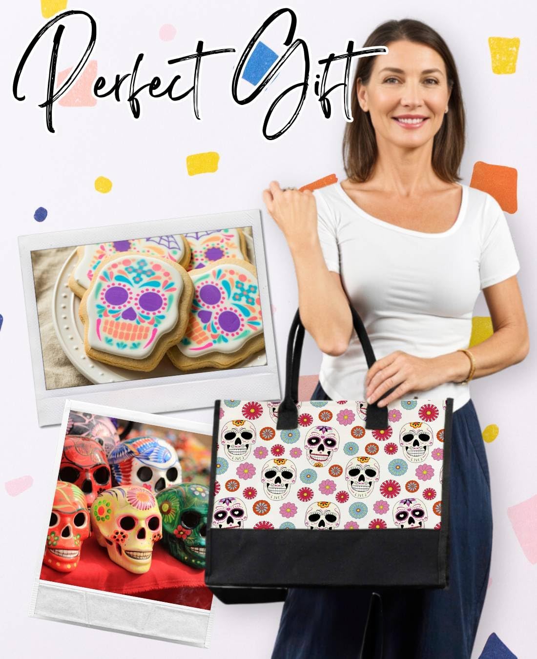 InnoBeta Sugar Skull Gifts Canvas Tote Bag with Top Zipper Closure and Shoulder Strap for Birthday, Mother's Day, Christmas - Image 7