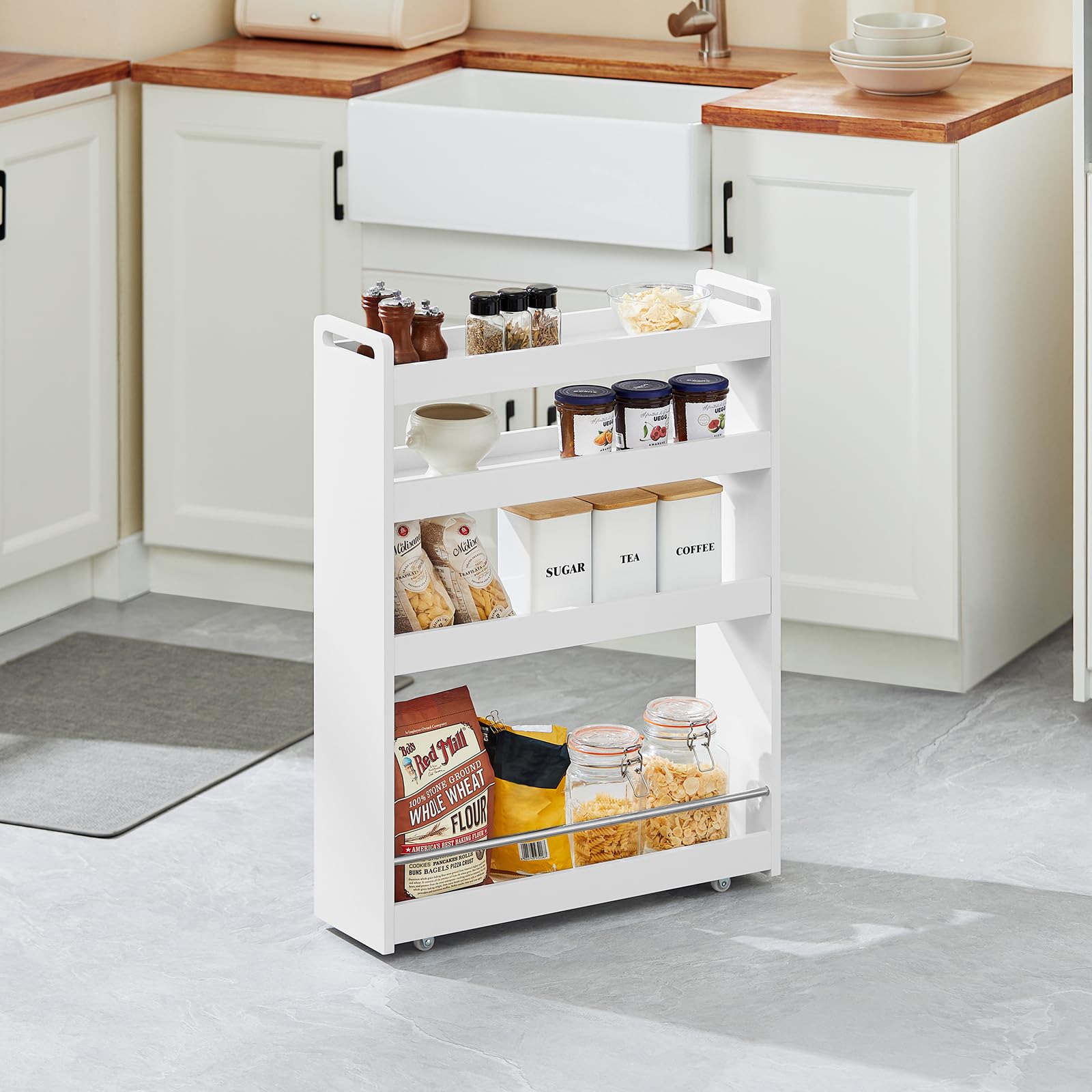 SoBuy Carrello Slim per Cucina e Bagno con 4 Ruote Scaffale Salvaspazio a 4 Ripiani con Aste Antiscivolo Unità di Stoccaggio per Cucina, Bagno, Forniture per Bellezza o Artigianato 60x18x82cm NSR01-W